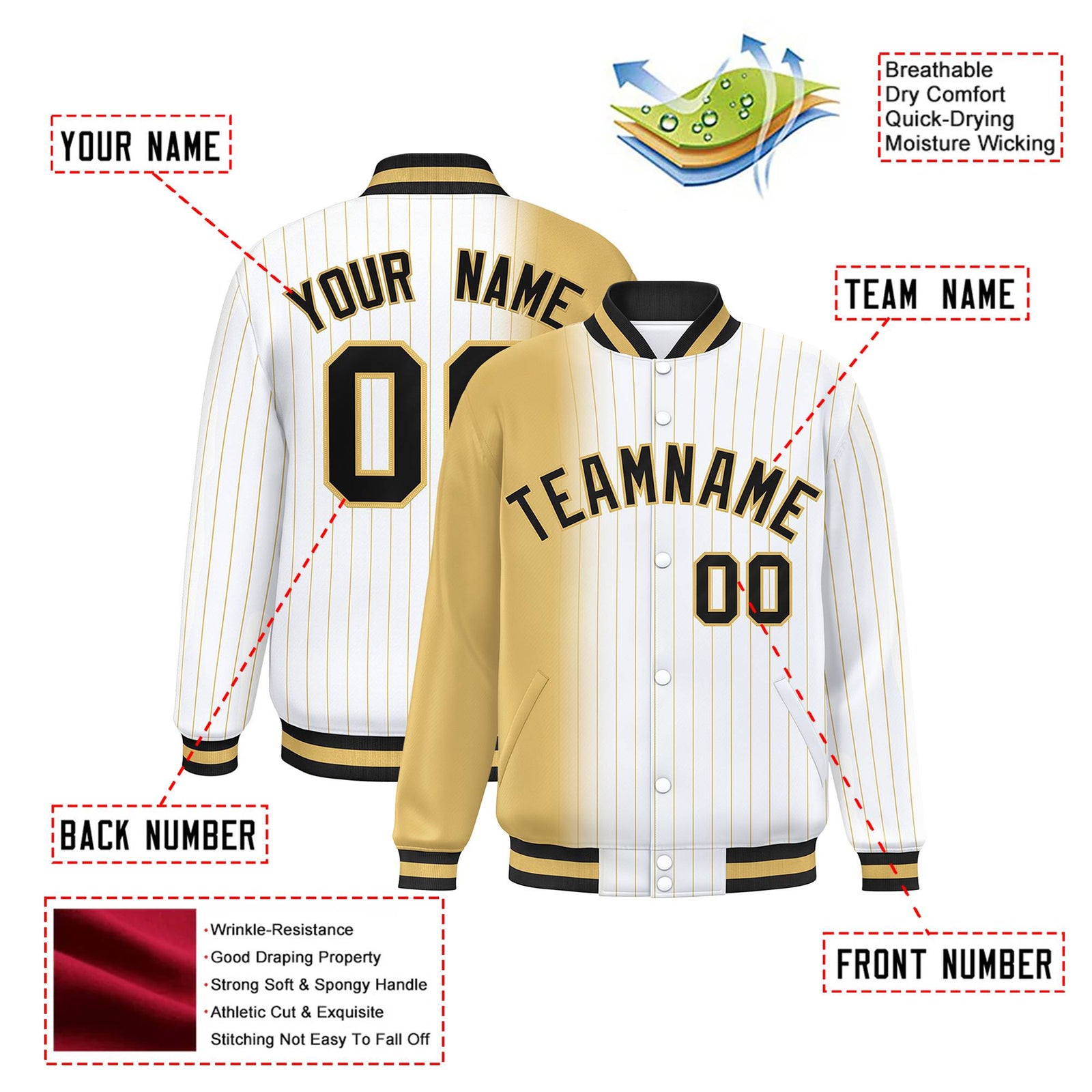 Custom White Khaki Pinstripe Black-Khaki Gradient Fashion Varsity Full-Snap Jacket