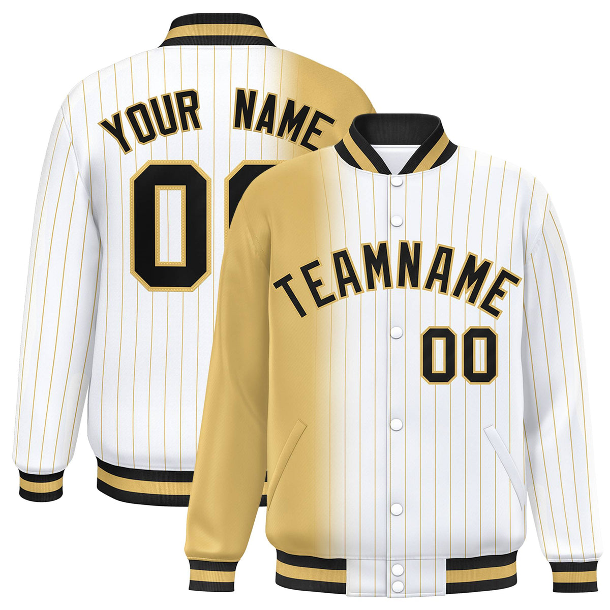Custom White Khaki Pinstripe Black-Khaki Gradient Fashion Varsity Full-Snap Jacket