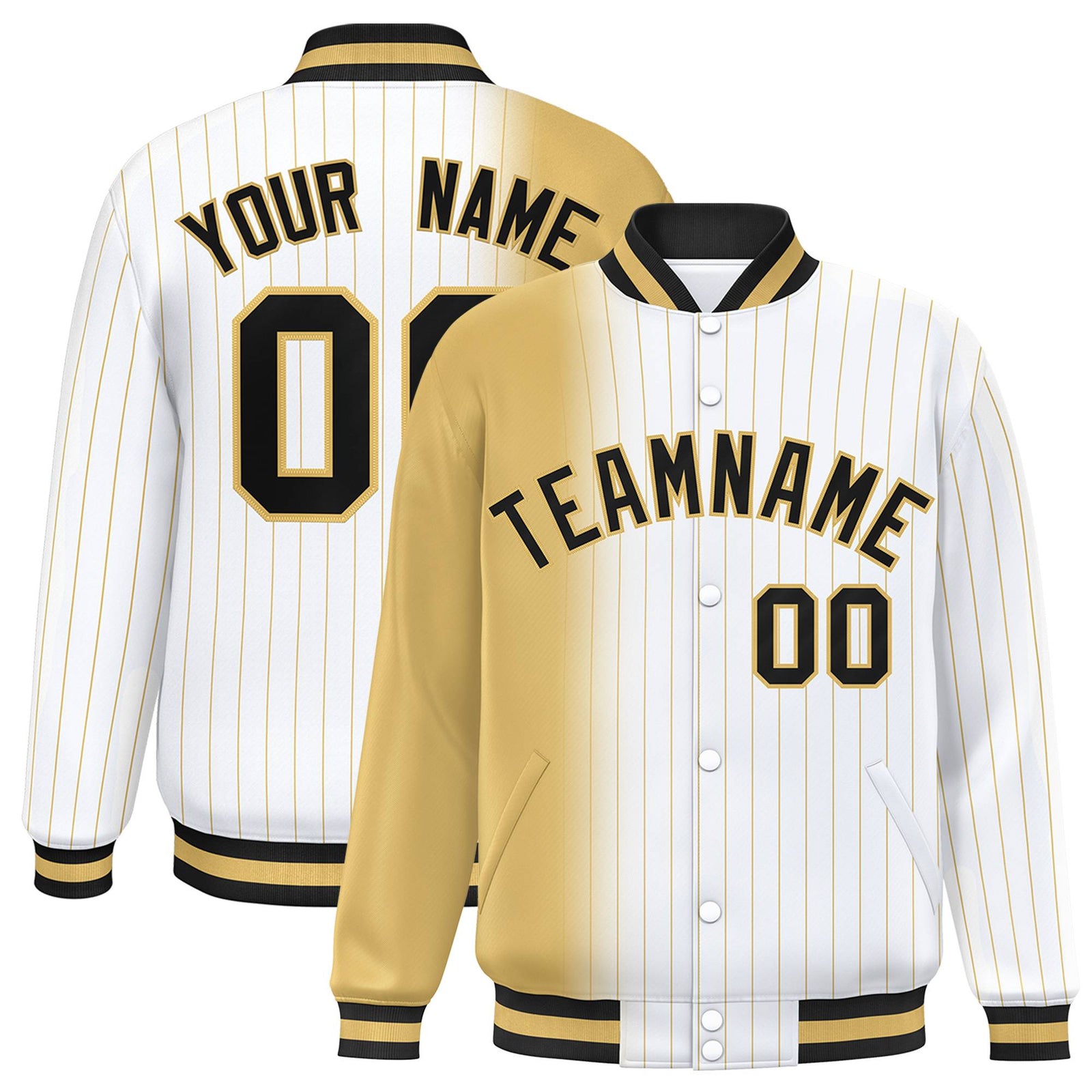 Custom White Khaki Pinstripe Black-Khaki Gradient Fashion Varsity Full-Snap Jacket