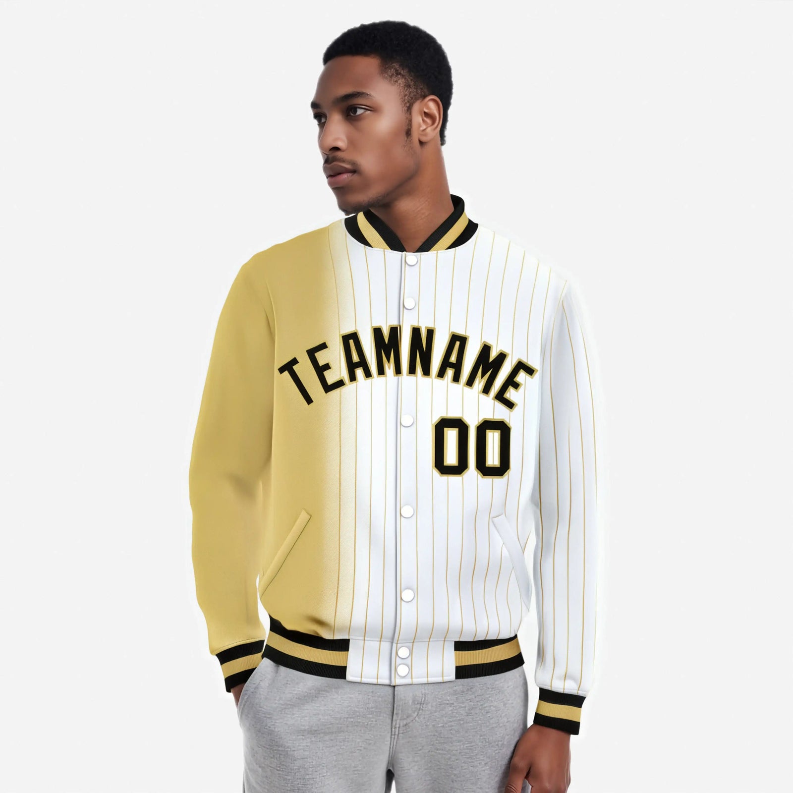 Custom White Khaki Pinstripe Black-Khaki Gradient Fashion Varsity Full-Snap Jacket