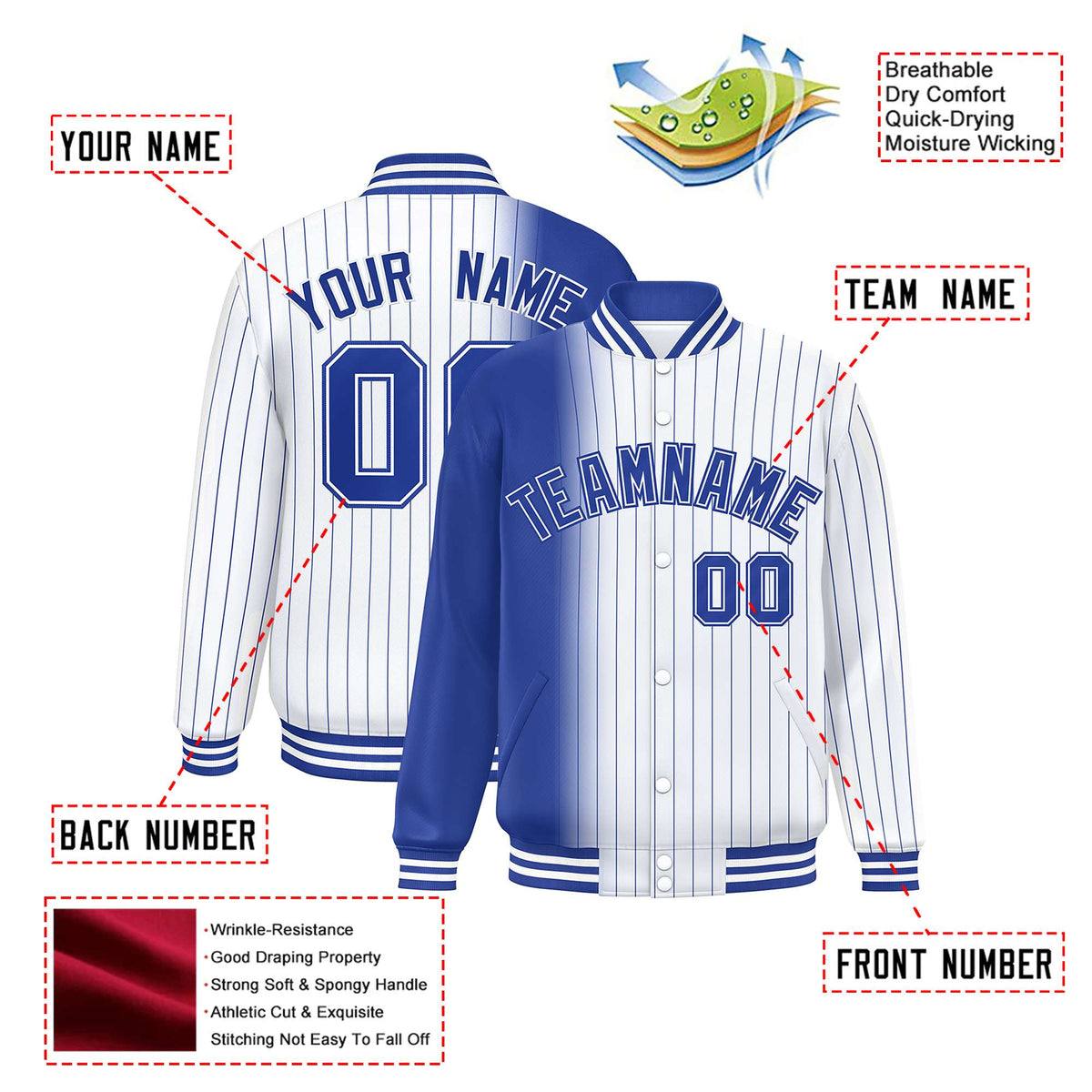 Custom White Royal Blue Pinstripe Royal Blue-White Gradient Fashion Varsity Full-Snap Jacket