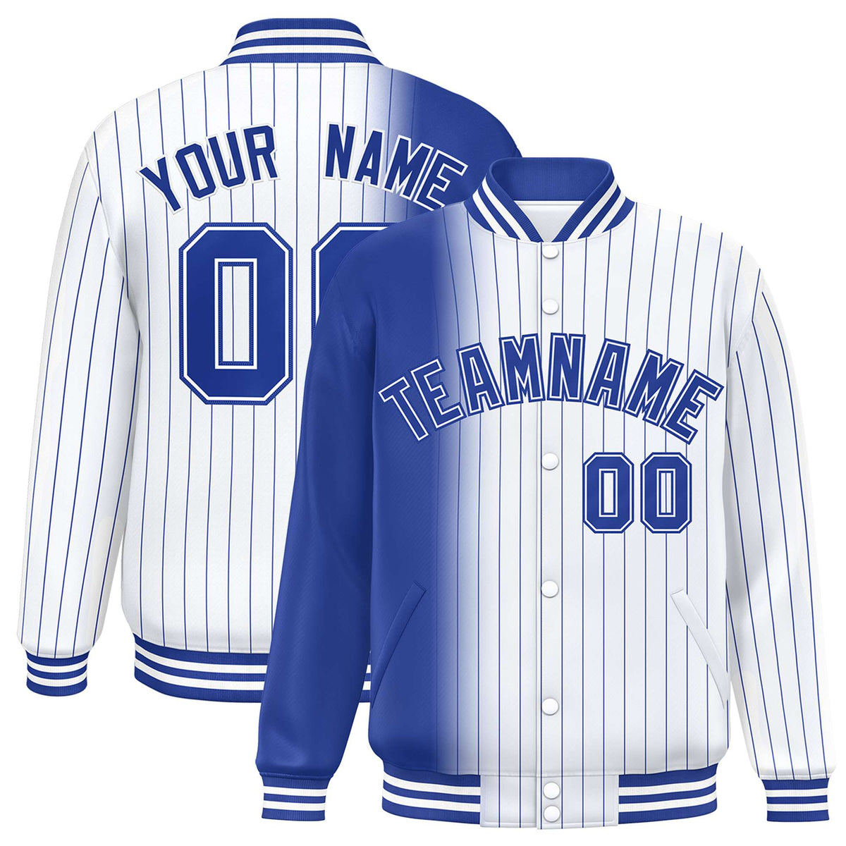 Custom White Royal Blue Pinstripe Royal Blue-White Gradient Fashion Varsity Full-Snap Jacket