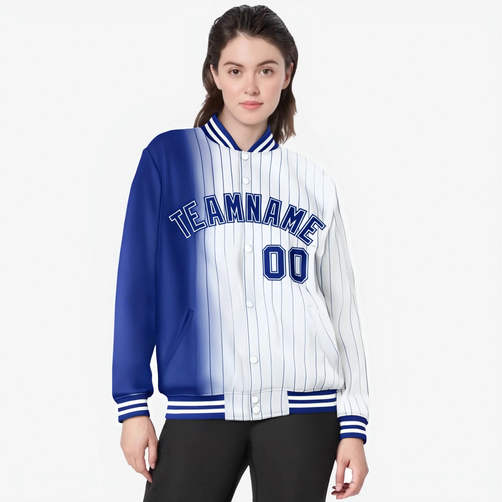 Custom White Royal Blue Pinstripe Royal Blue-White Gradient Fashion Varsity Full-Snap Jacket