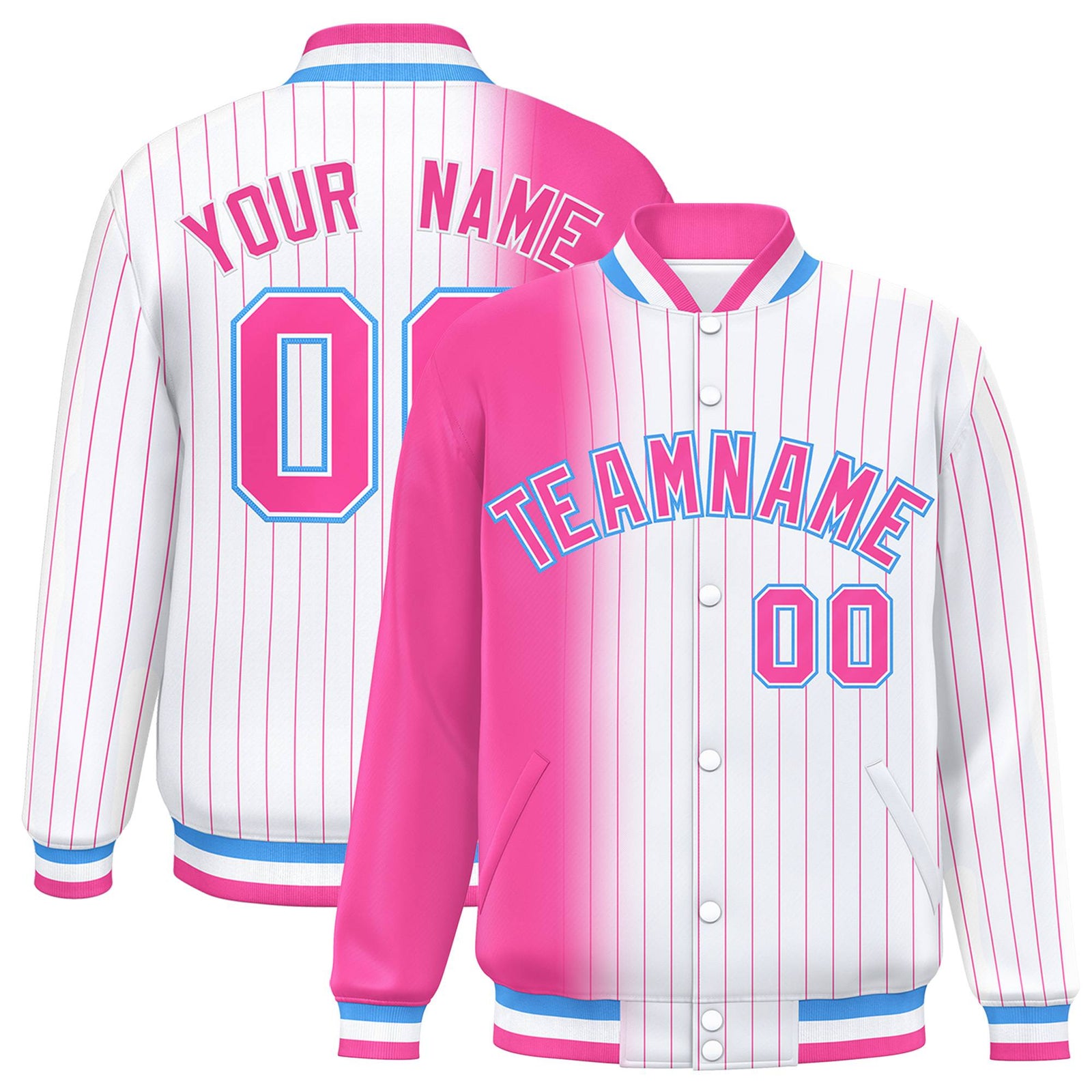 Custom White Pink Pinstripe Pink-Powder Blue Gradient Fashion Varsity Full-Snap Jacket