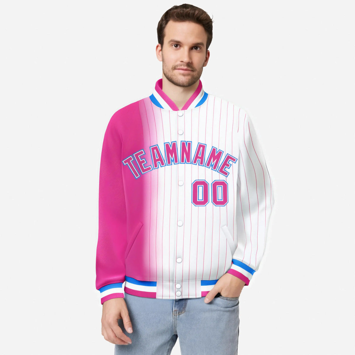 Custom White Pink Pinstripe Pink-Powder Blue Gradient Fashion Varsity Full-Snap Jacket