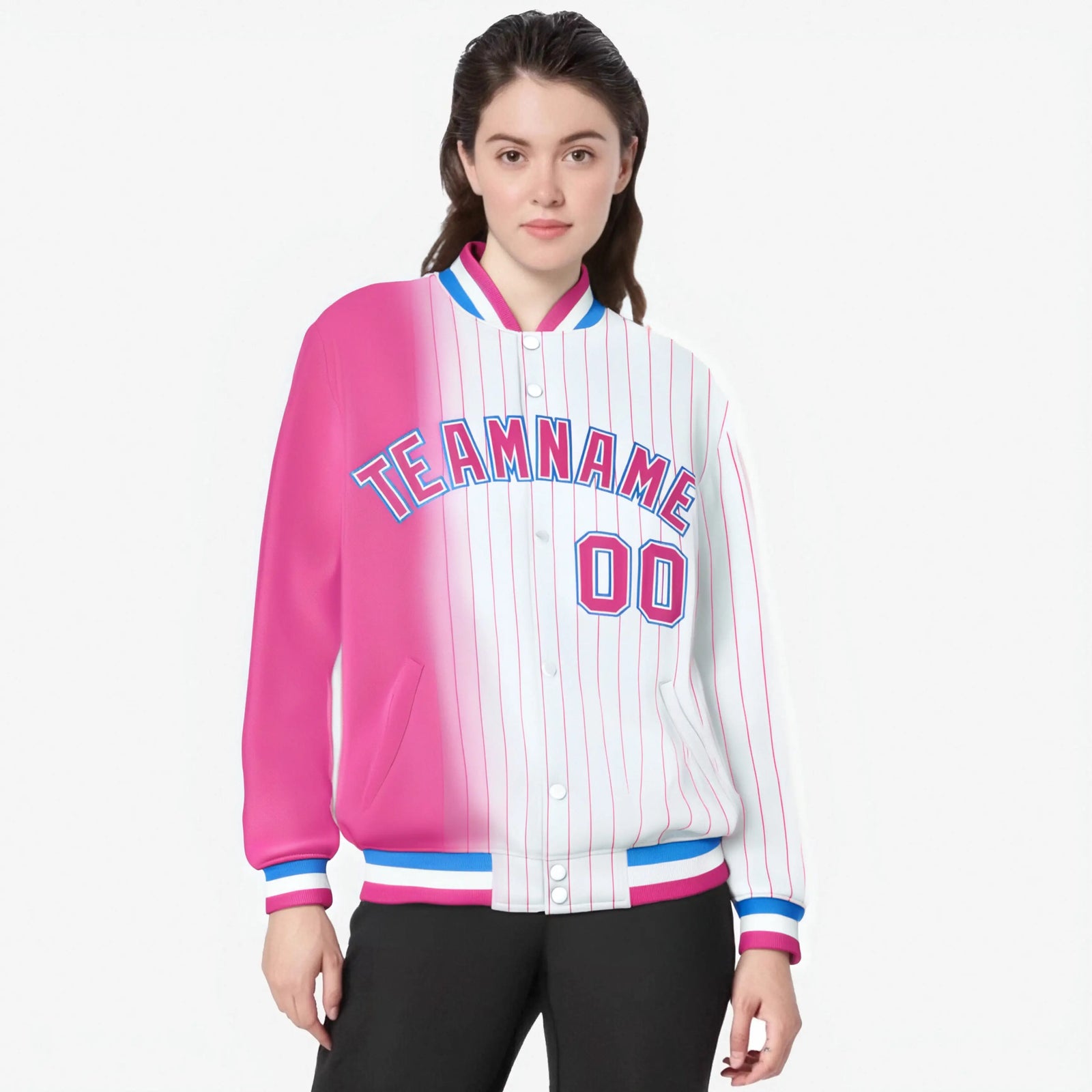 Custom White Pink Pinstripe Pink-Powder Blue Gradient Fashion Varsity Full-Snap Jacket