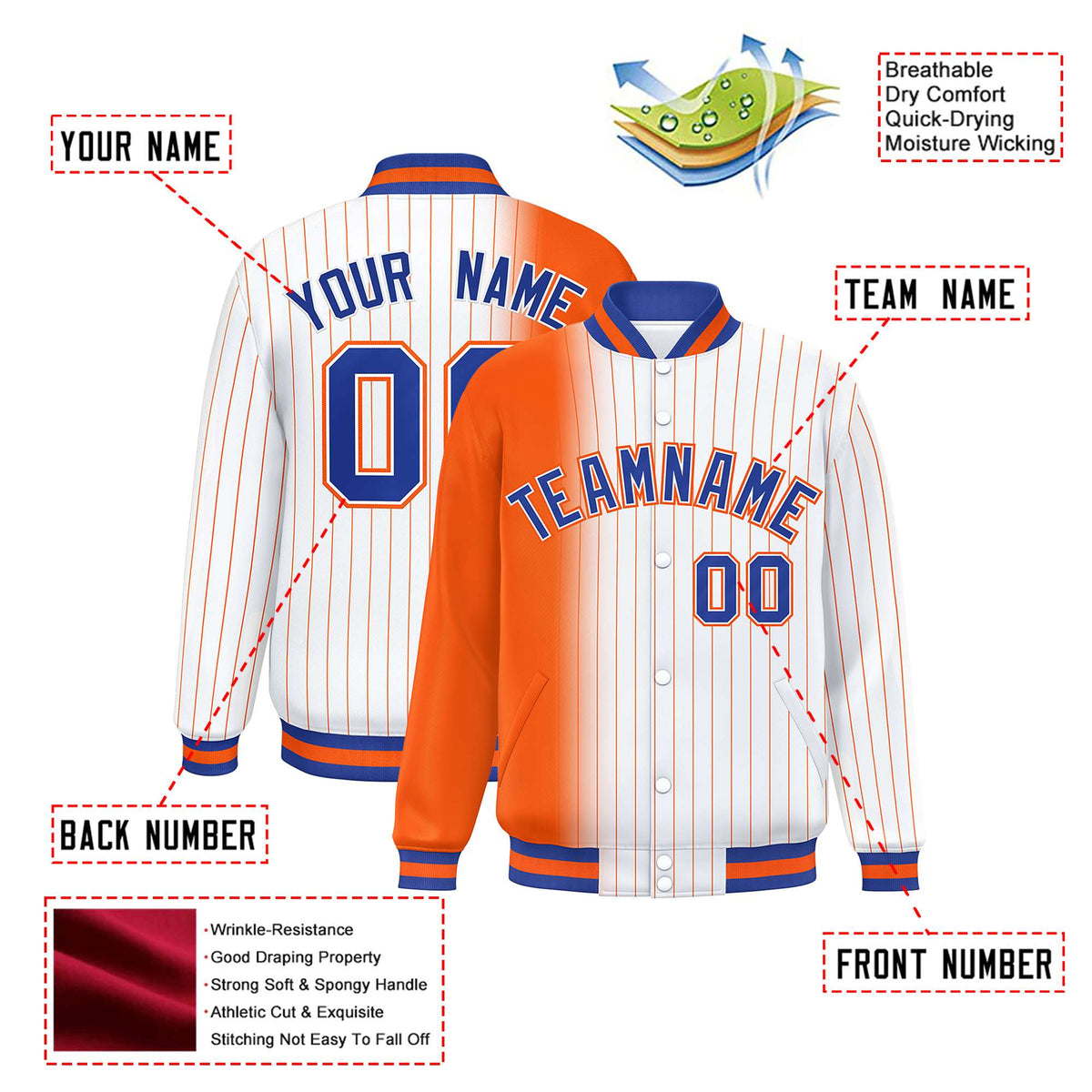 Custom White Orange Pinstripe Orange-Royal Blue Gradient Fashion Varsity Full-Snap Jacket