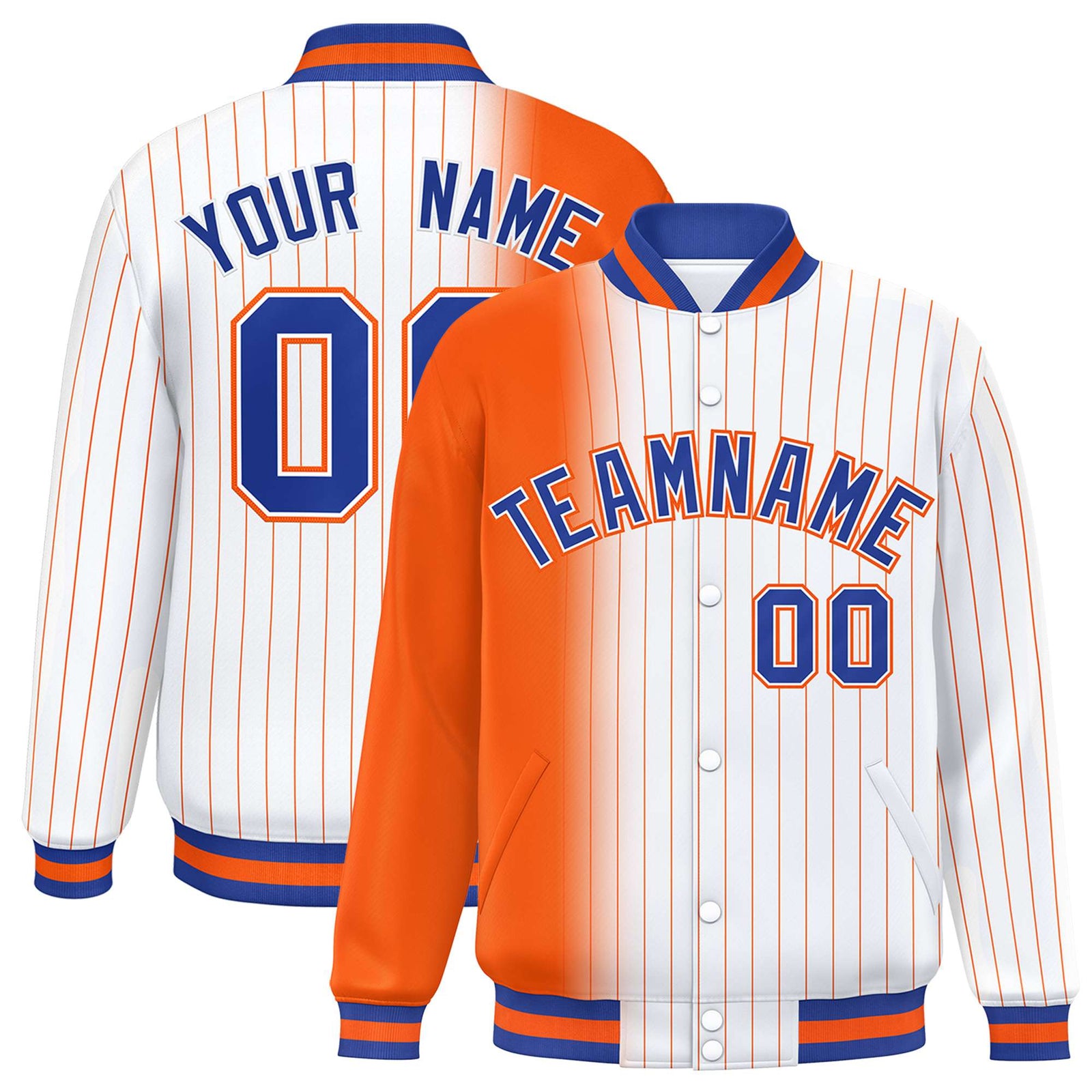 Custom White Orange Pinstripe Orange-Royal Blue Gradient Fashion Varsity Full-Snap Jacket