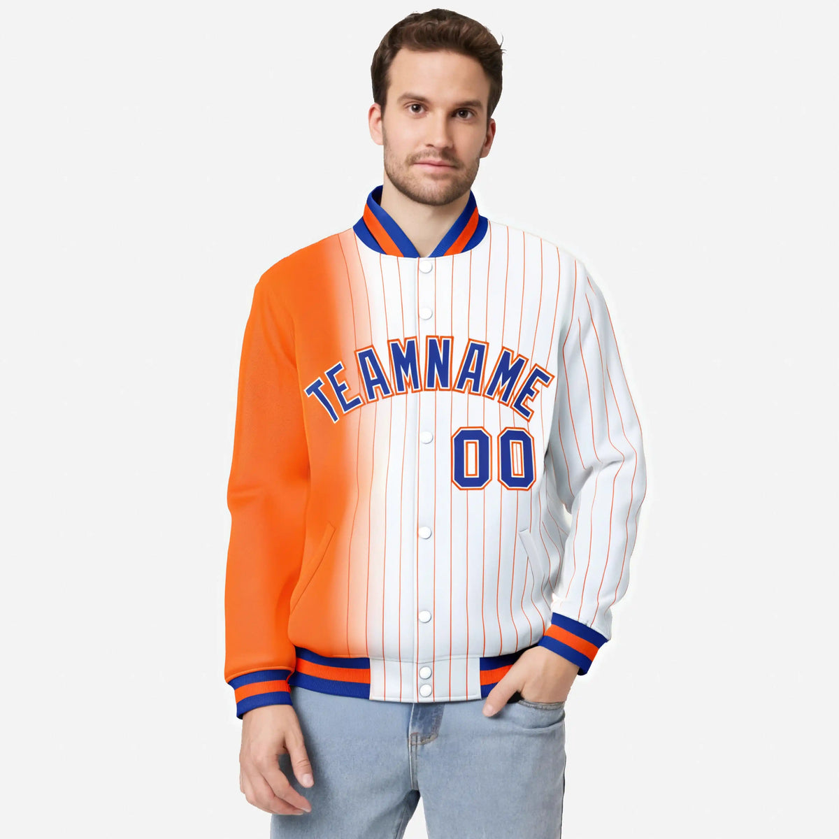 Custom White Orange Pinstripe Orange-Royal Blue Gradient Fashion Varsity Full-Snap Jacket