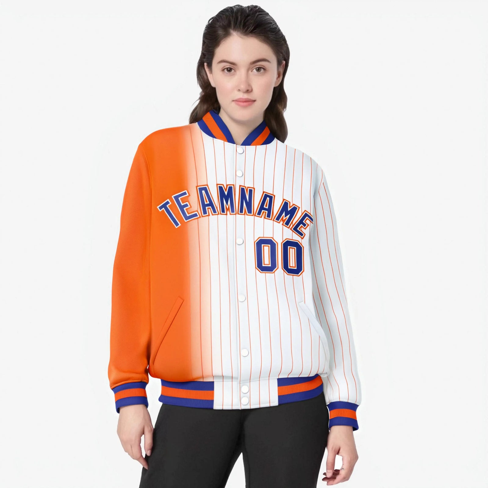 Custom White Orange Pinstripe Orange-Royal Blue Gradient Fashion Varsity Full-Snap Jacket