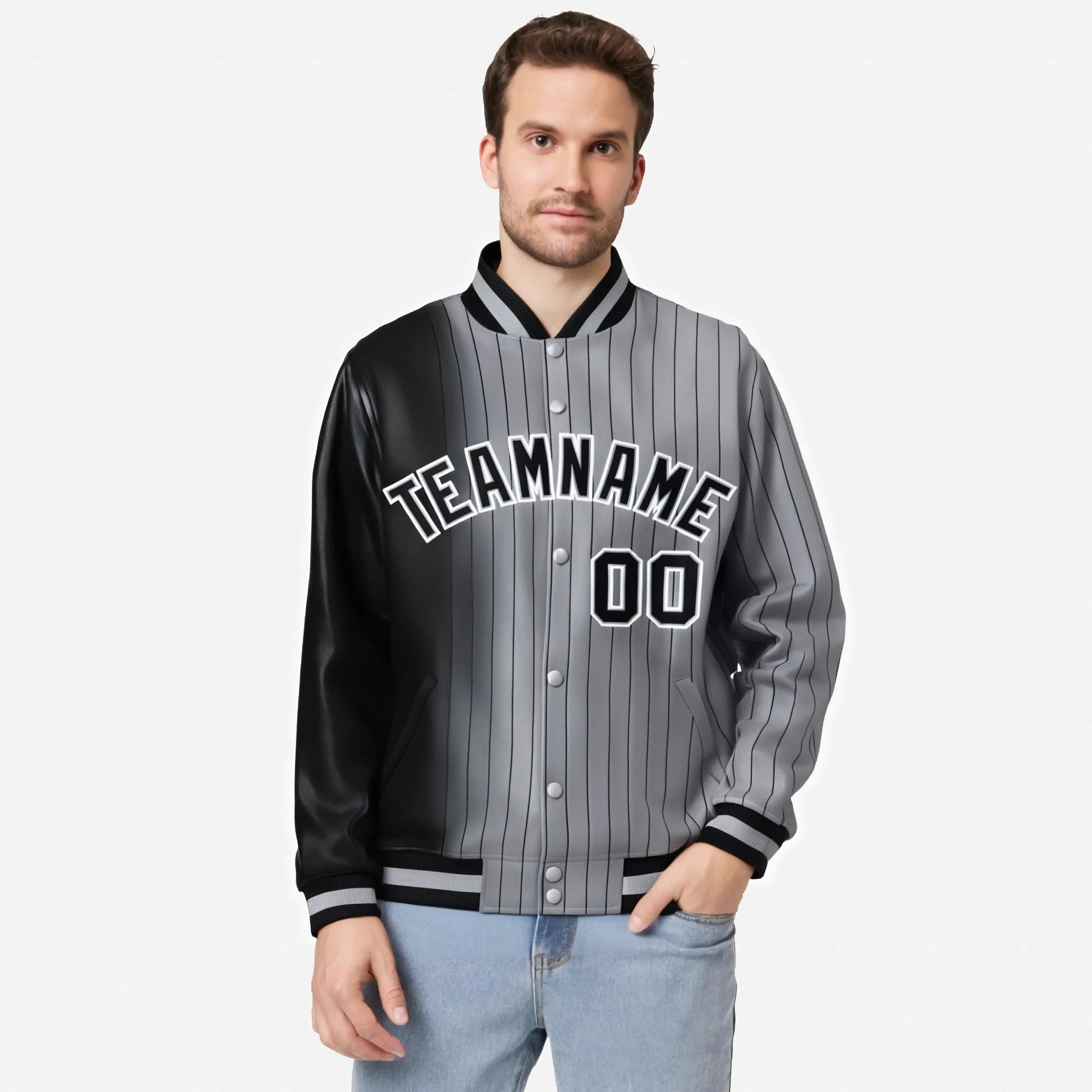 Custom Gray Black Pinstripe Black-White Gradient Fashion Varsity Full-Snap Jacket