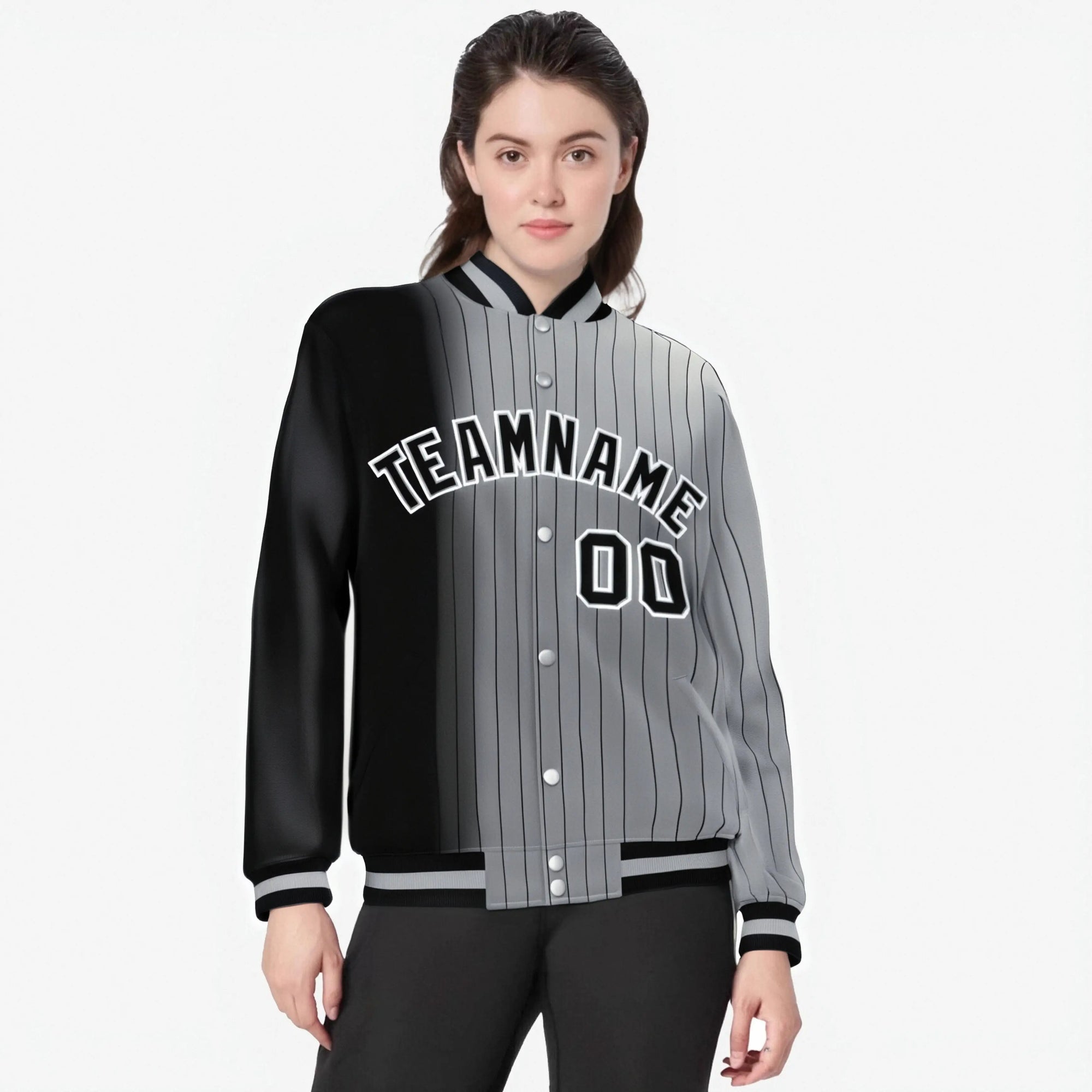 Custom Gray Black Pinstripe Black-White Gradient Fashion Varsity Full-Snap Jacket