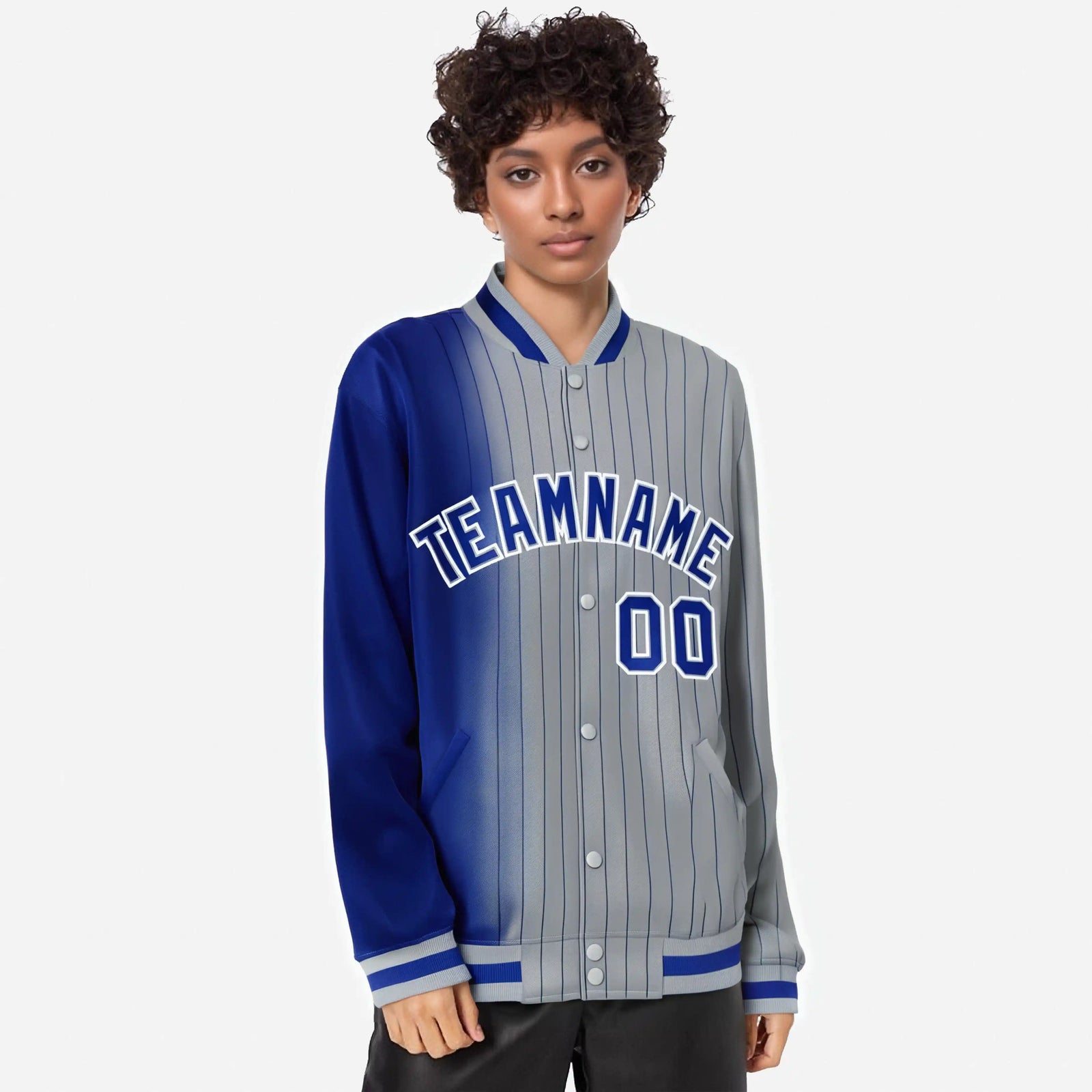 Custom Gray Royal Blue Pinstripe Royal Blue-White Gradient Fashion Varsity Full-Snap Jacket