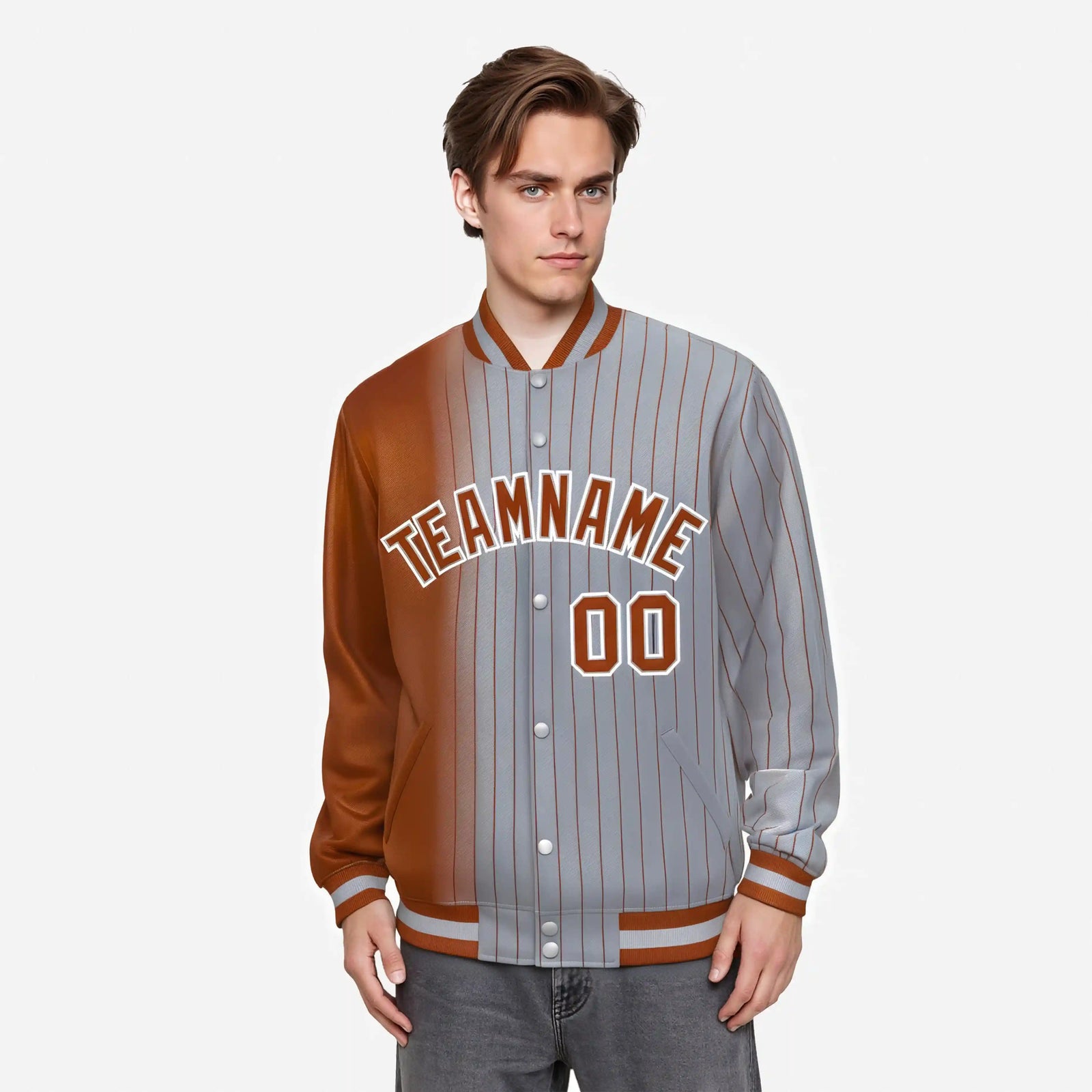 Custom Gray Munsell Pinstripe Munsell-White Gradient Fashion Varsity Full-Snap Jacket