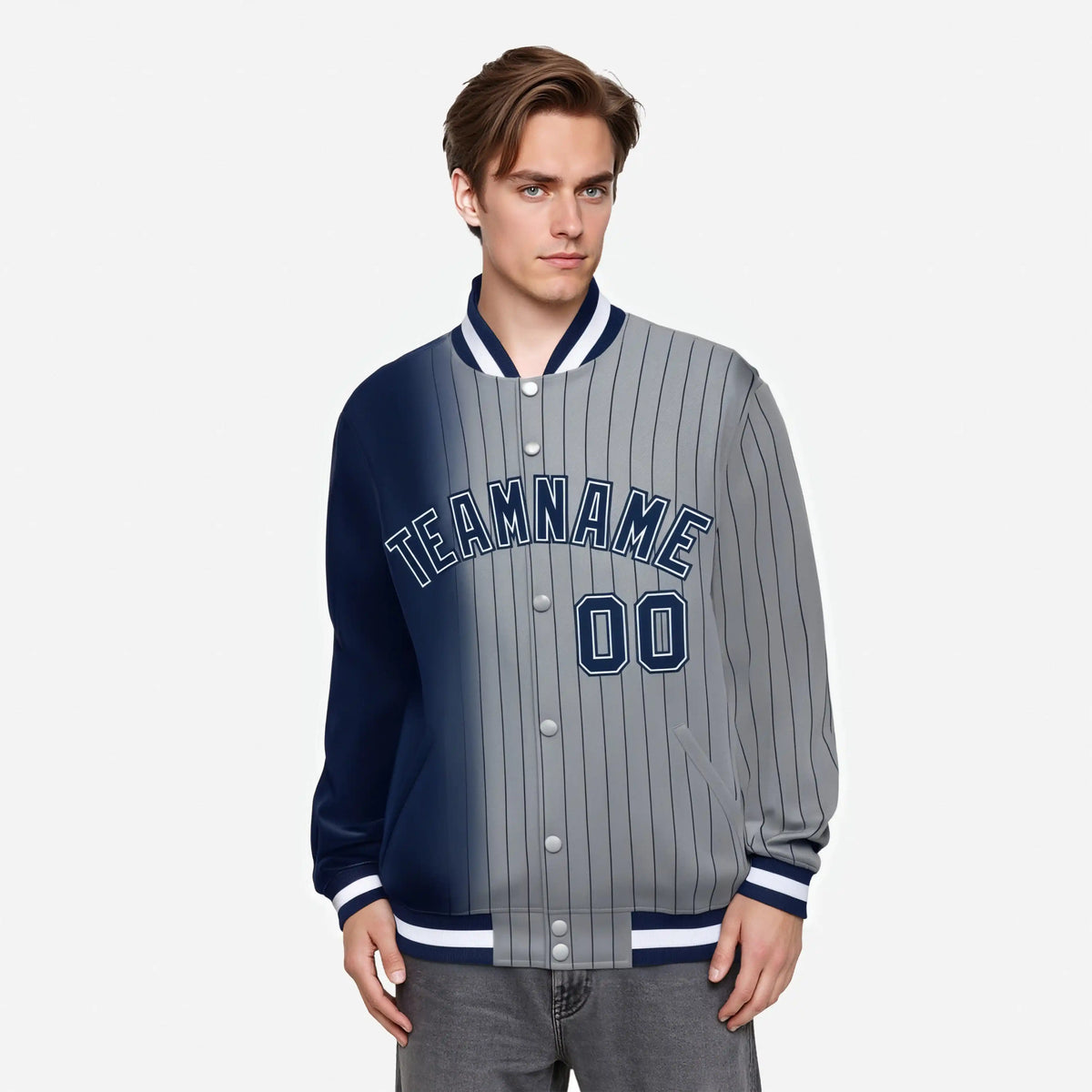 Custom Gray Navy Pinstripe Navy-White Gradient Fashion Varsity Full-Snap Jacket