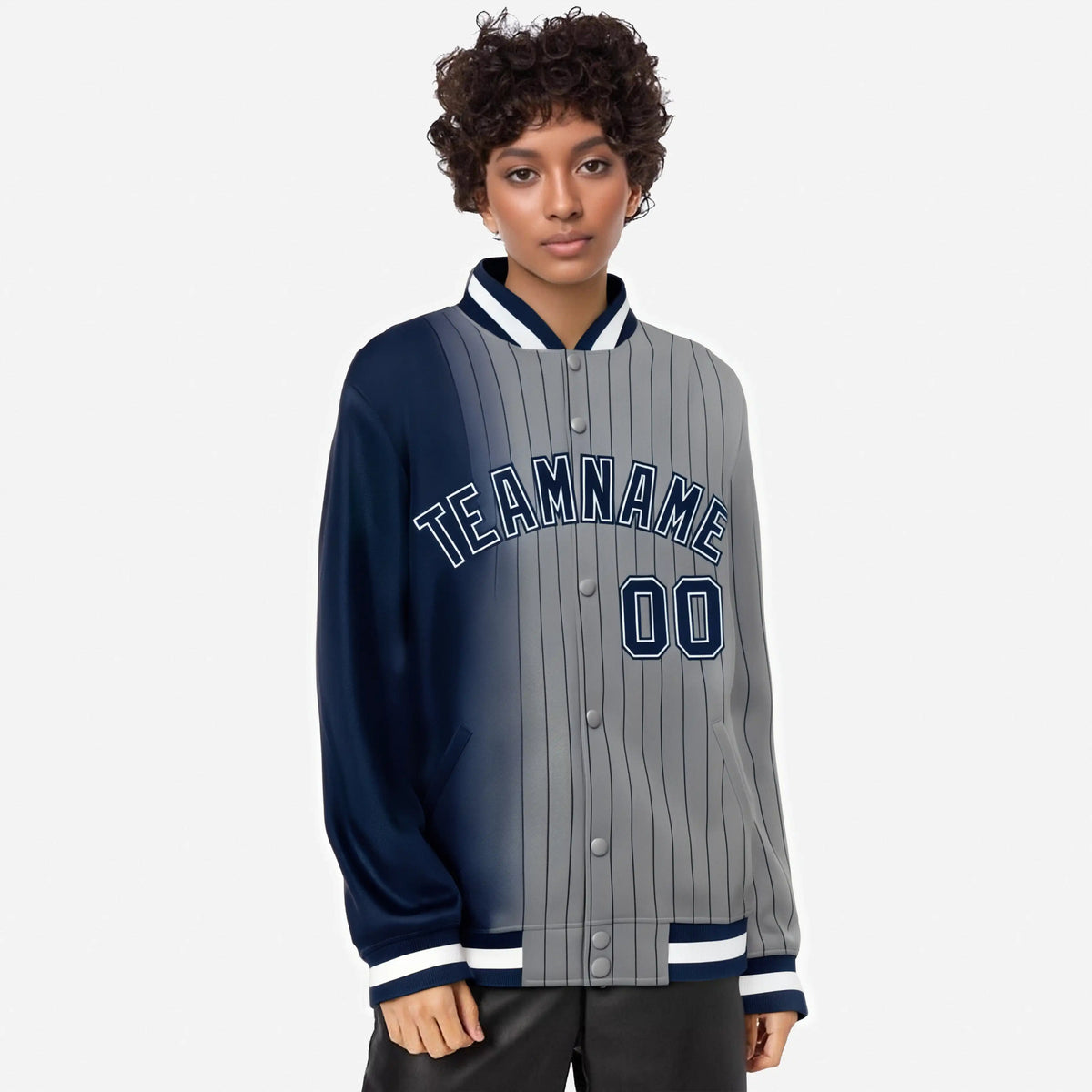 Custom Gray Navy Pinstripe Navy-White Gradient Fashion Varsity Full-Snap Jacket
