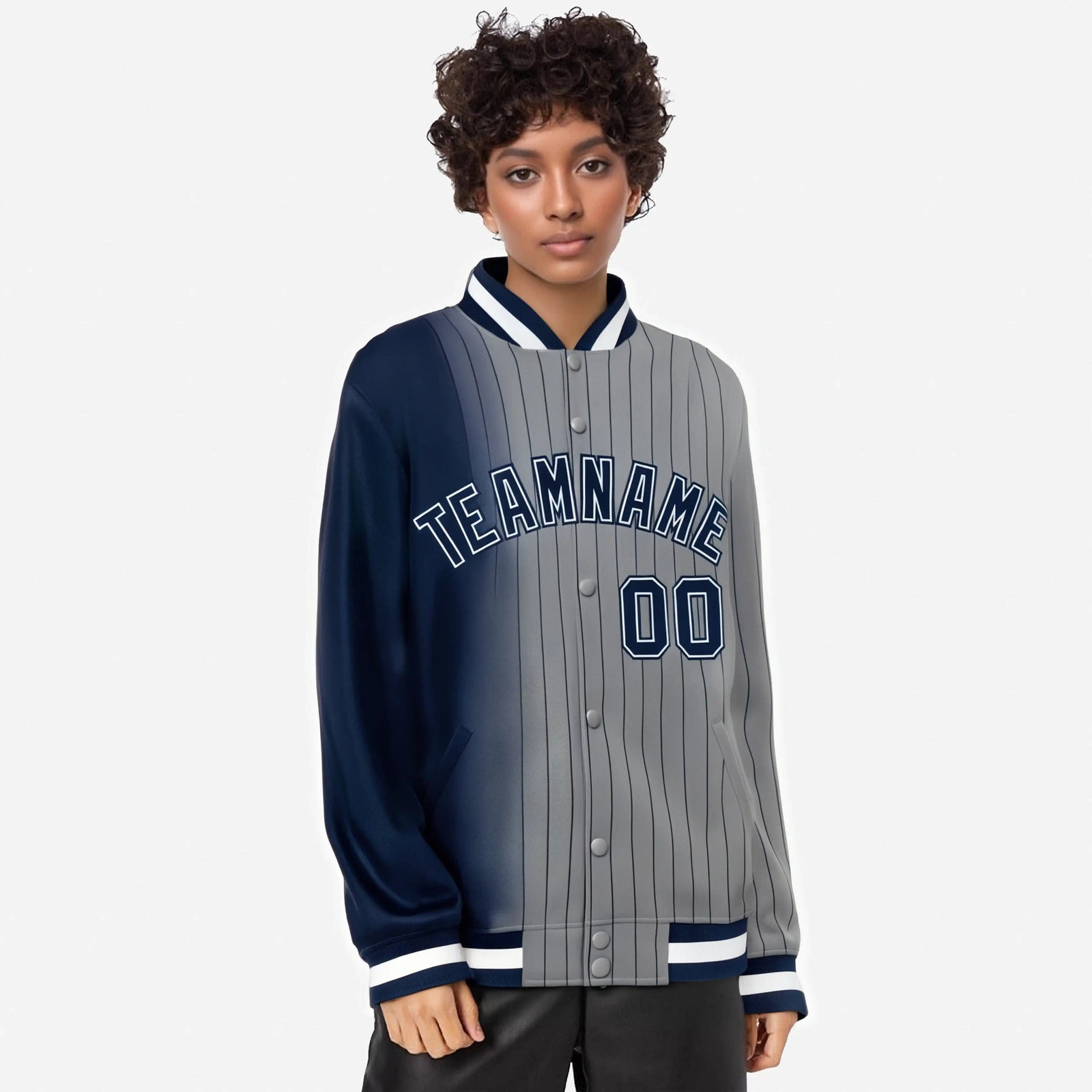 Custom Gray Navy Pinstripe Navy-White Gradient Fashion Varsity Full-Snap Jacket