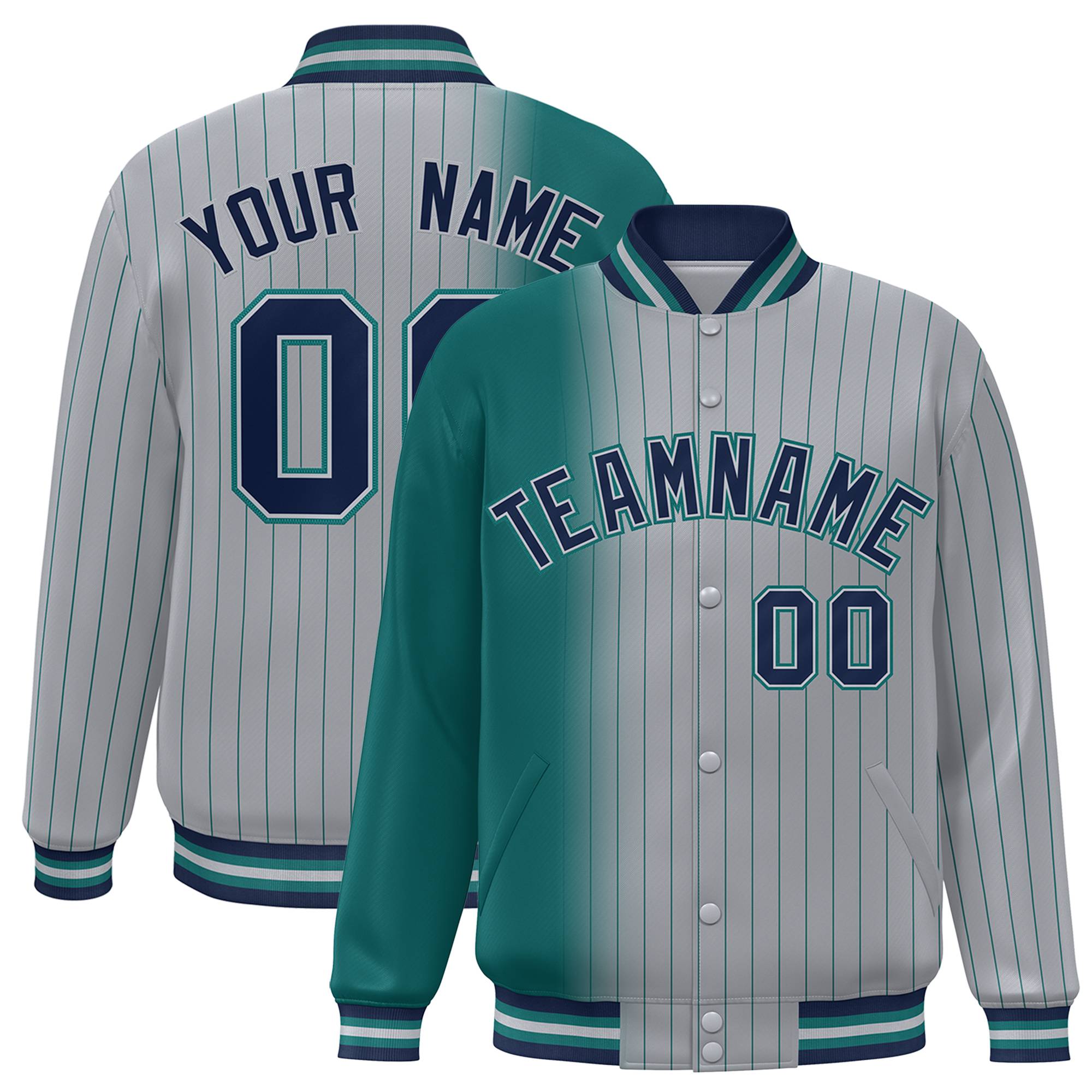 Custom Gray Teal Pinstripe Navy-Teal Gradient Fashion Varsity Full-Snap Jacket