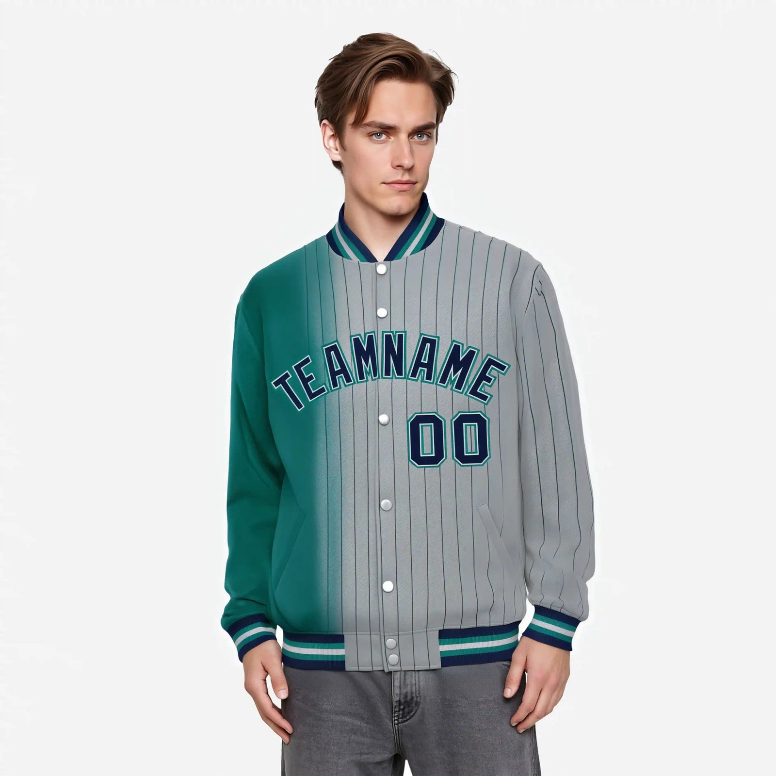 Custom Gray Teal Pinstripe Navy-Teal Gradient Fashion Varsity Full-Snap Jacket