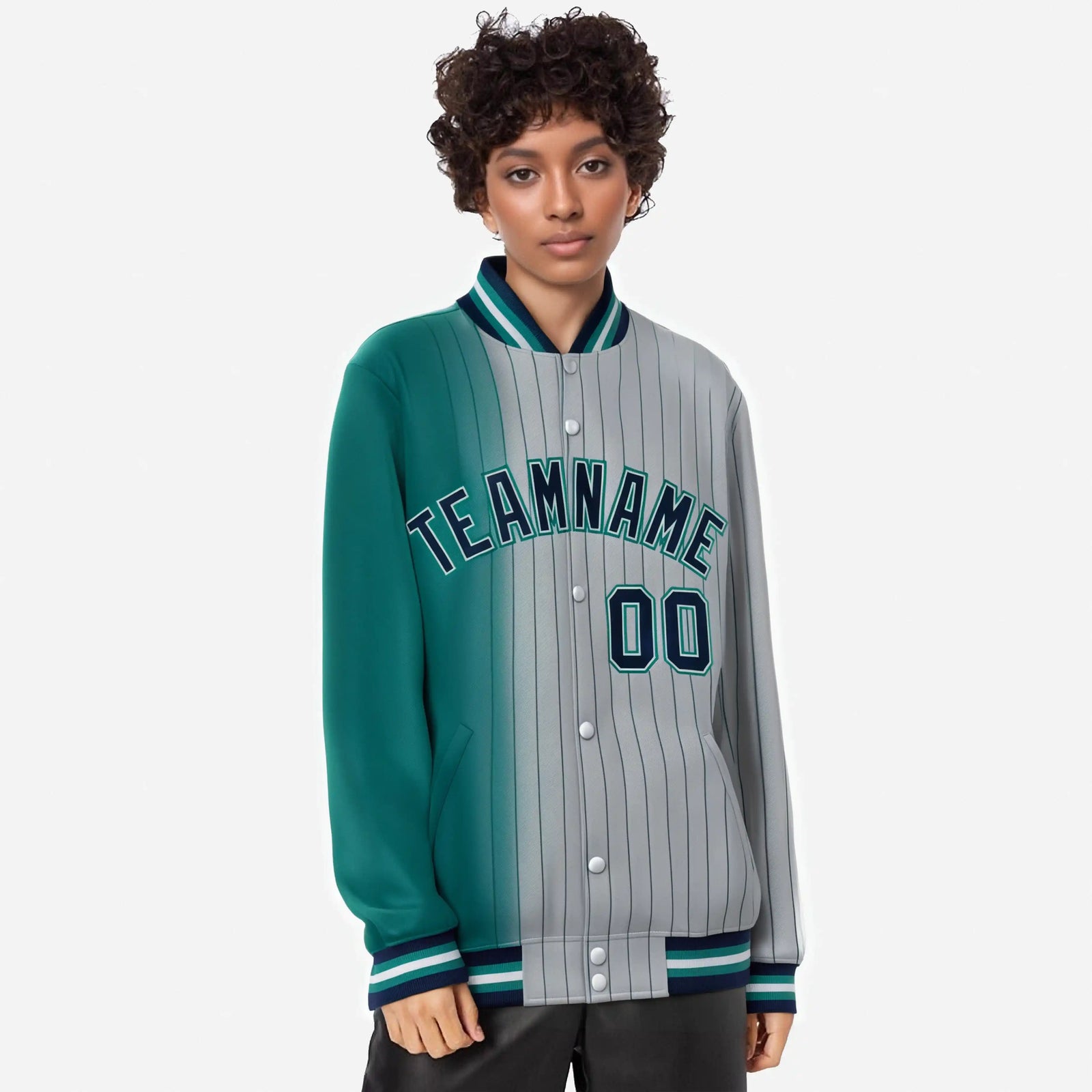 Custom Gray Teal Pinstripe Navy-Teal Gradient Fashion Varsity Full-Snap Jacket