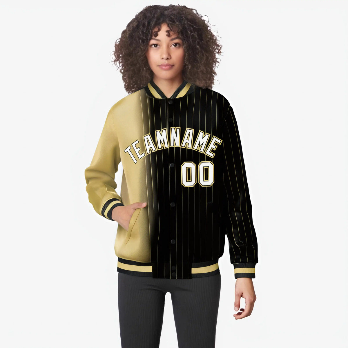 Custom Black Old-Gold Pinstripe White-Old Gold Gradient Fashion Varsity Full-Snap Jacket