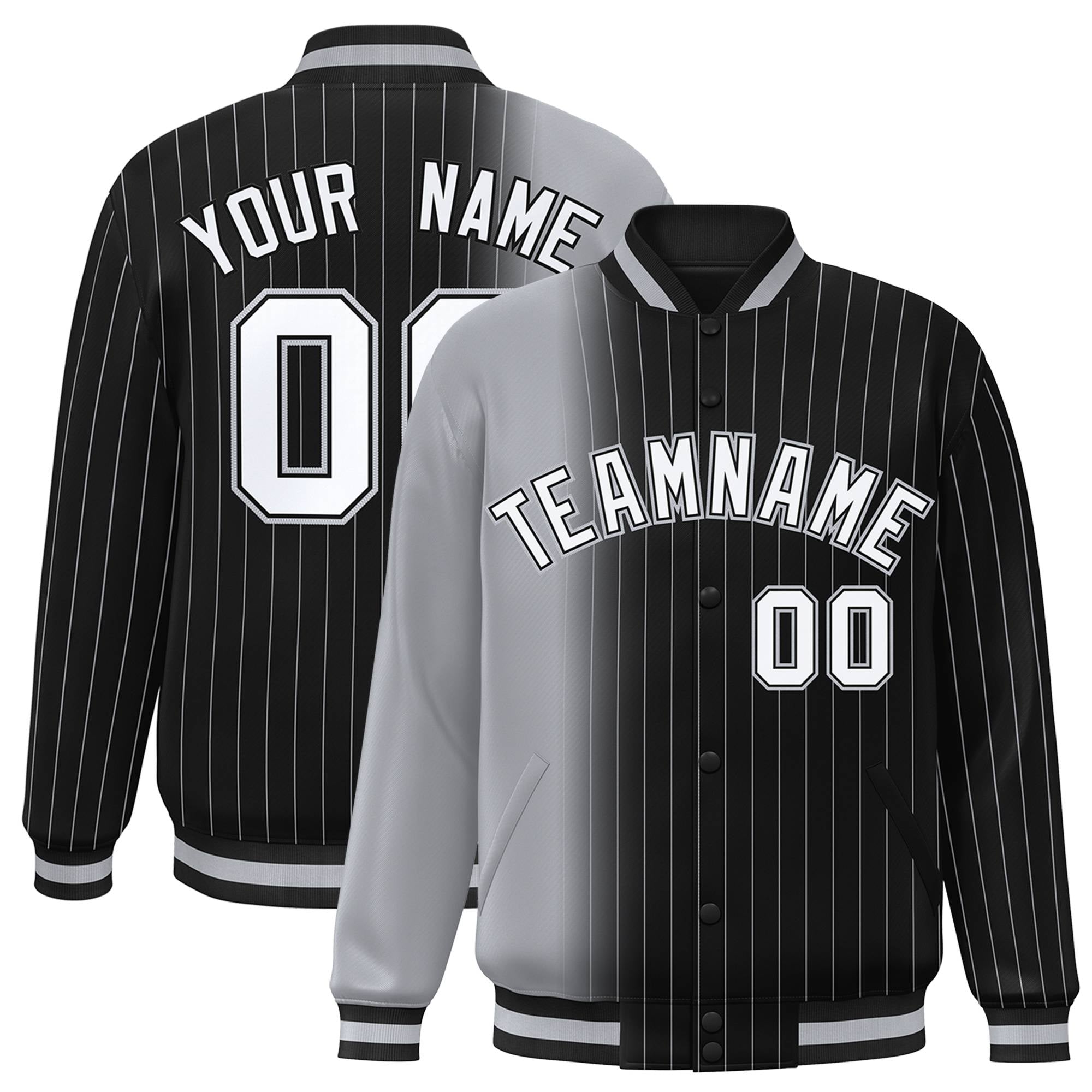 Custom Black Gray Pinstripe White-Gray Gradient Fashion Varsity Full-Snap Jacket