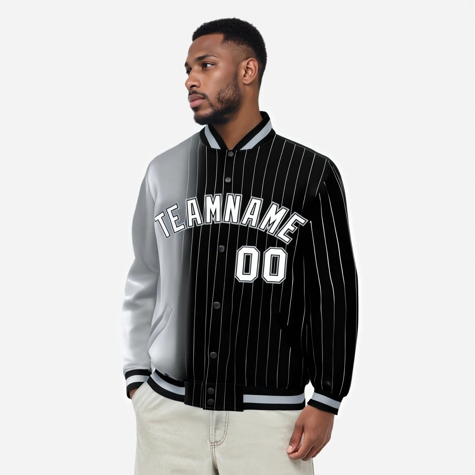 Custom Black Gray Pinstripe White-Gray Gradient Fashion Varsity Full-Snap Jacket