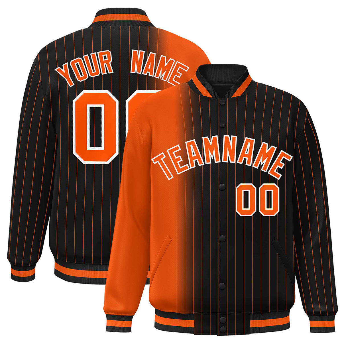 Custom Black Orange Pinstripe Orange-White Gradient Fashion Varsity Full-Snap Jacket