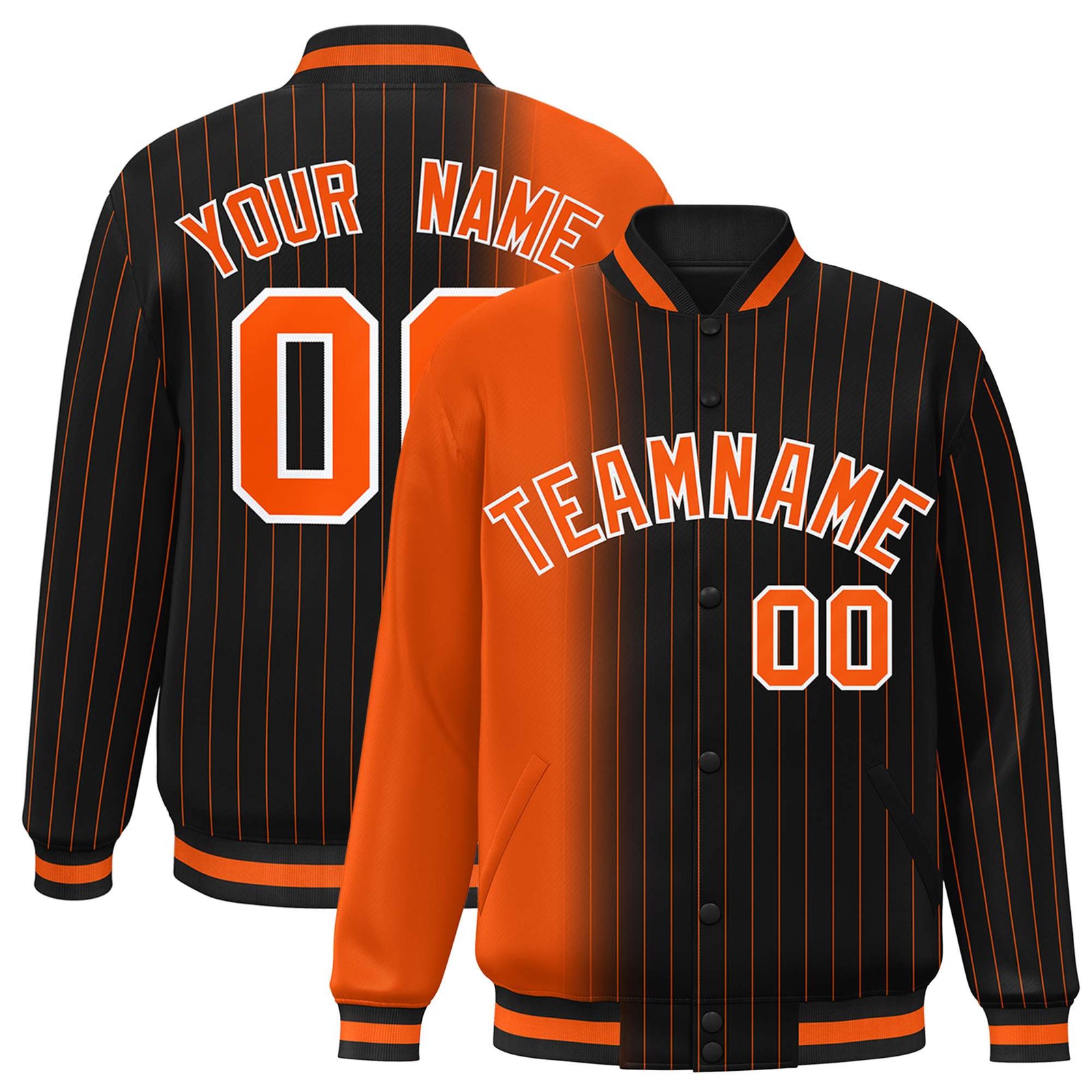 Custom Black Orange Pinstripe Orange-White Gradient Fashion Varsity Full-Snap Jacket