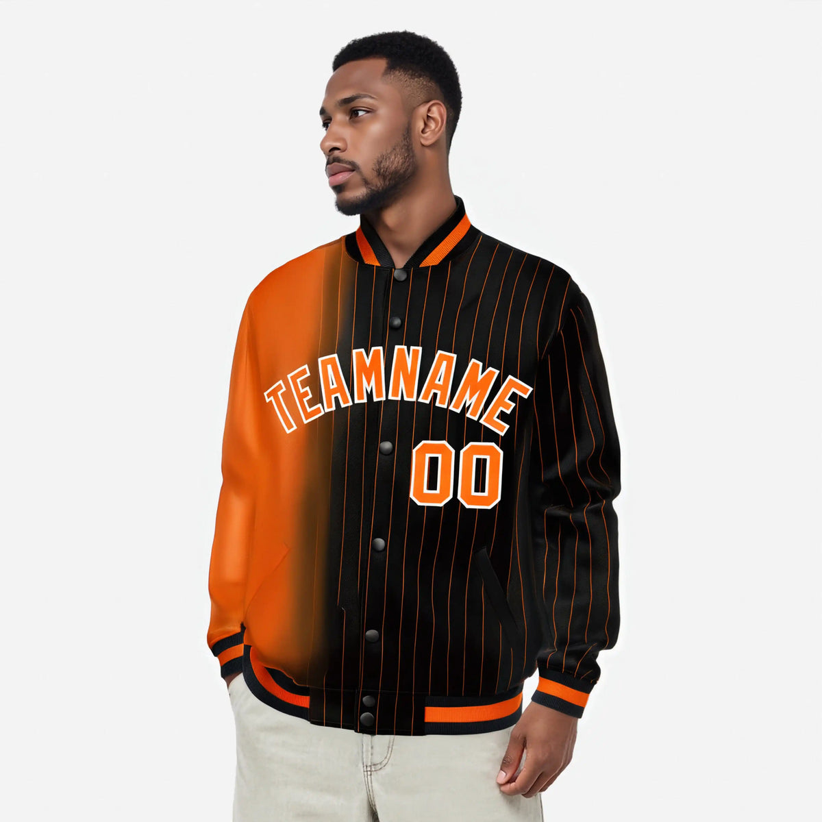 Custom Black Orange Pinstripe Orange-White Gradient Fashion Varsity Full-Snap Jacket