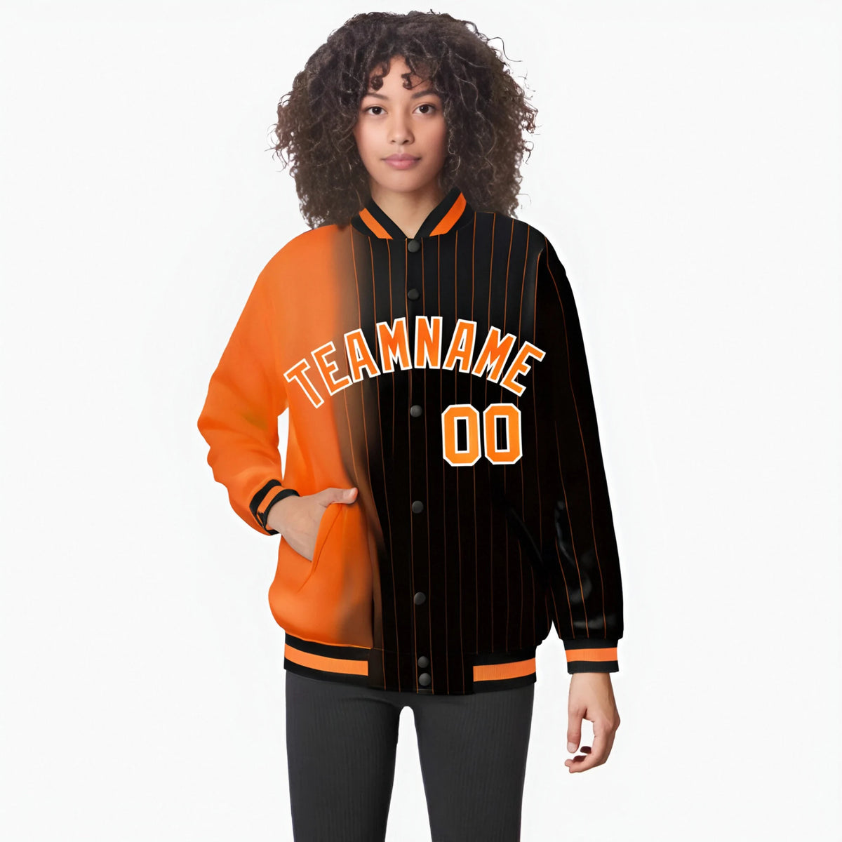 Custom Black Orange Pinstripe Orange-White Gradient Fashion Varsity Full-Snap Jacket