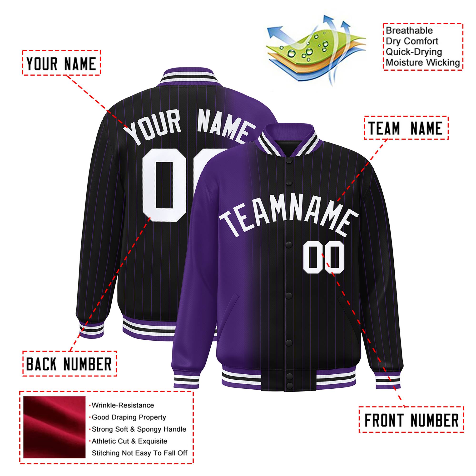 Custom Black Purple Pinstripe White-Purple Gradient Fashion Varsity Full-Snap Jacket