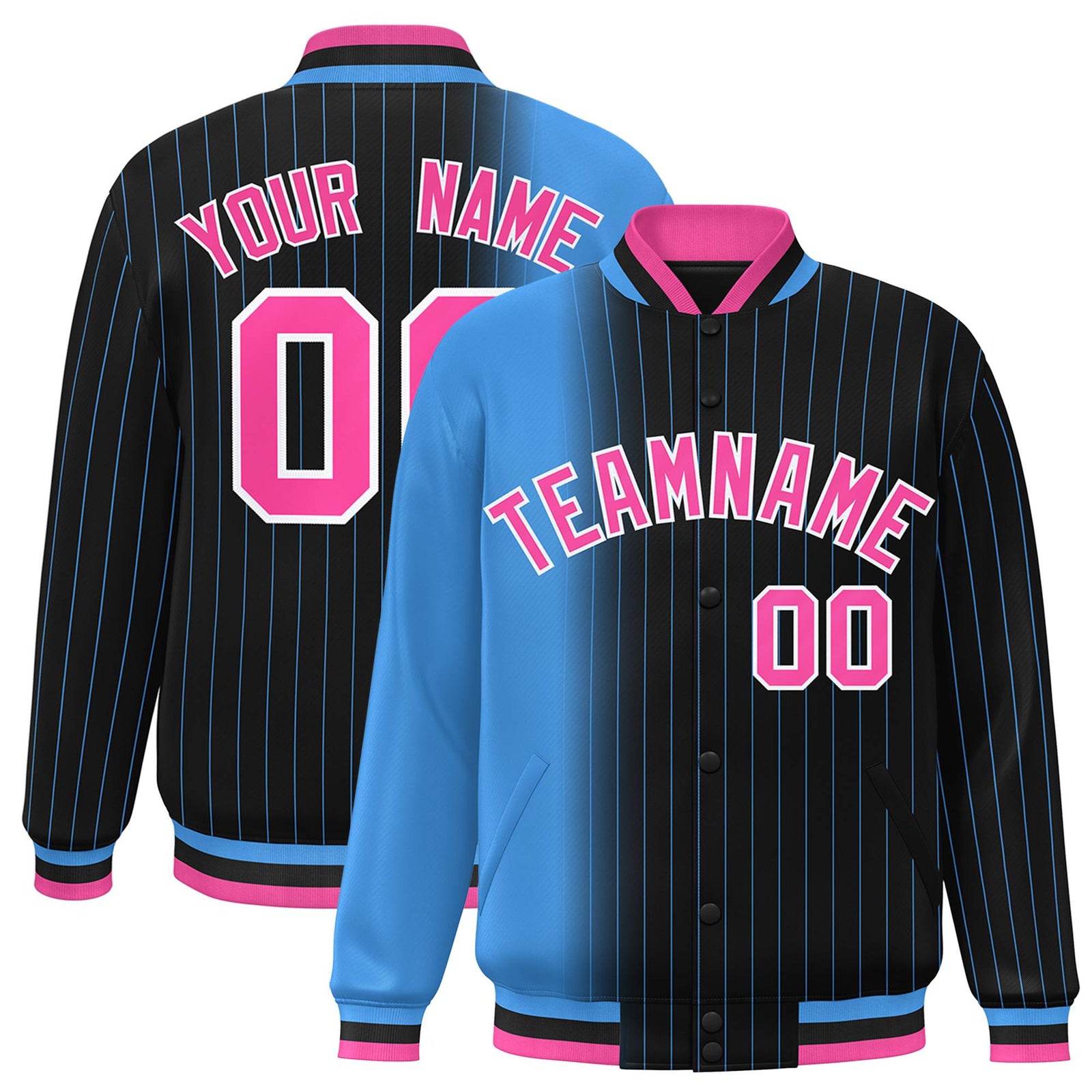 Custom Black Powder Blue Pinstripe Pink-Powder Blue Gradient Fashion Varsity Full-Snap Jacket