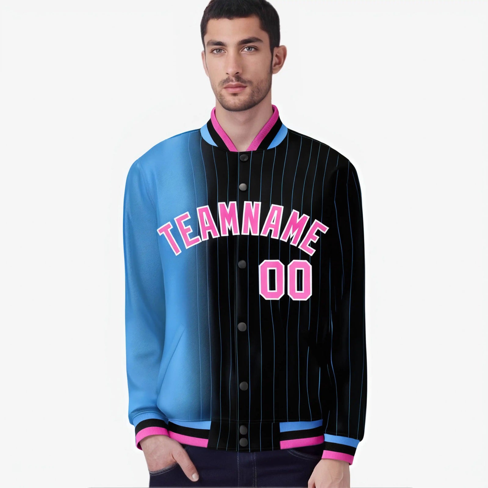Custom Black Powder Blue Pinstripe Pink-Powder Blue Gradient Fashion Varsity Full-Snap Jacket