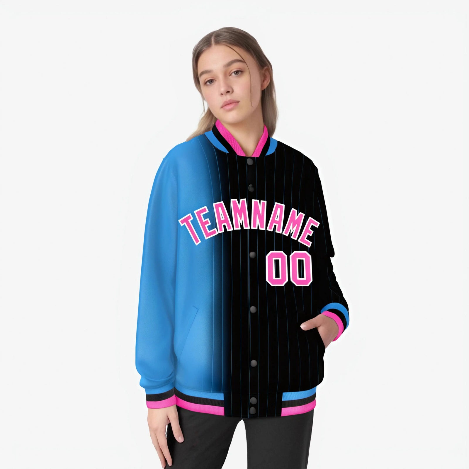 Custom Black Powder Blue Pinstripe Pink-Powder Blue Gradient Fashion Varsity Full-Snap Jacket