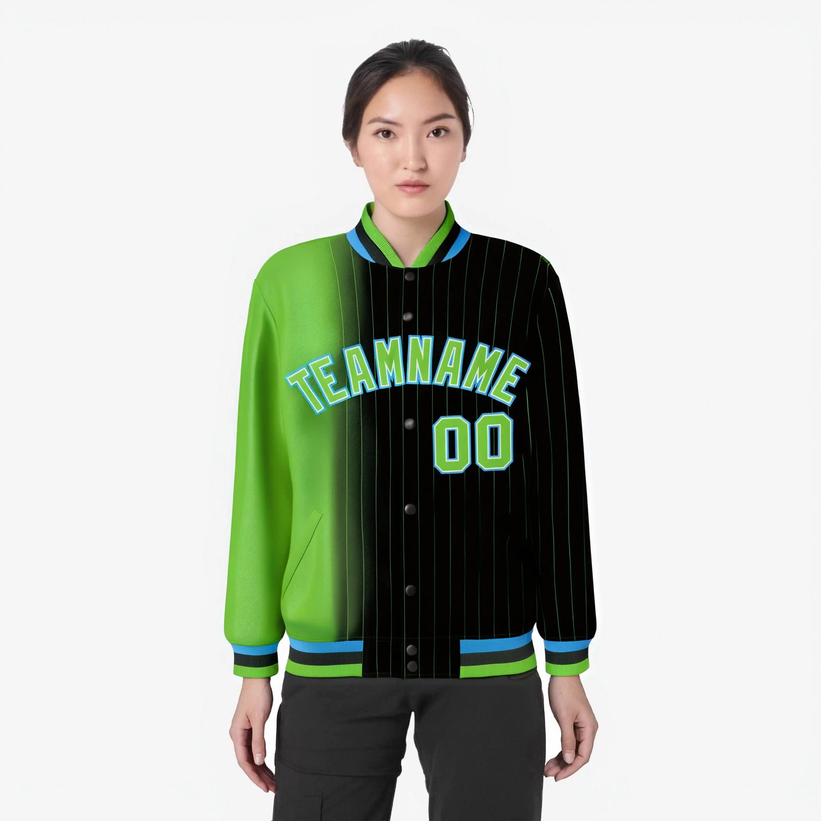 Custom Black Neon Green Pinstripe Powder Blue-Neon Green Gradient Fashion Varsity Full-Snap Jacket