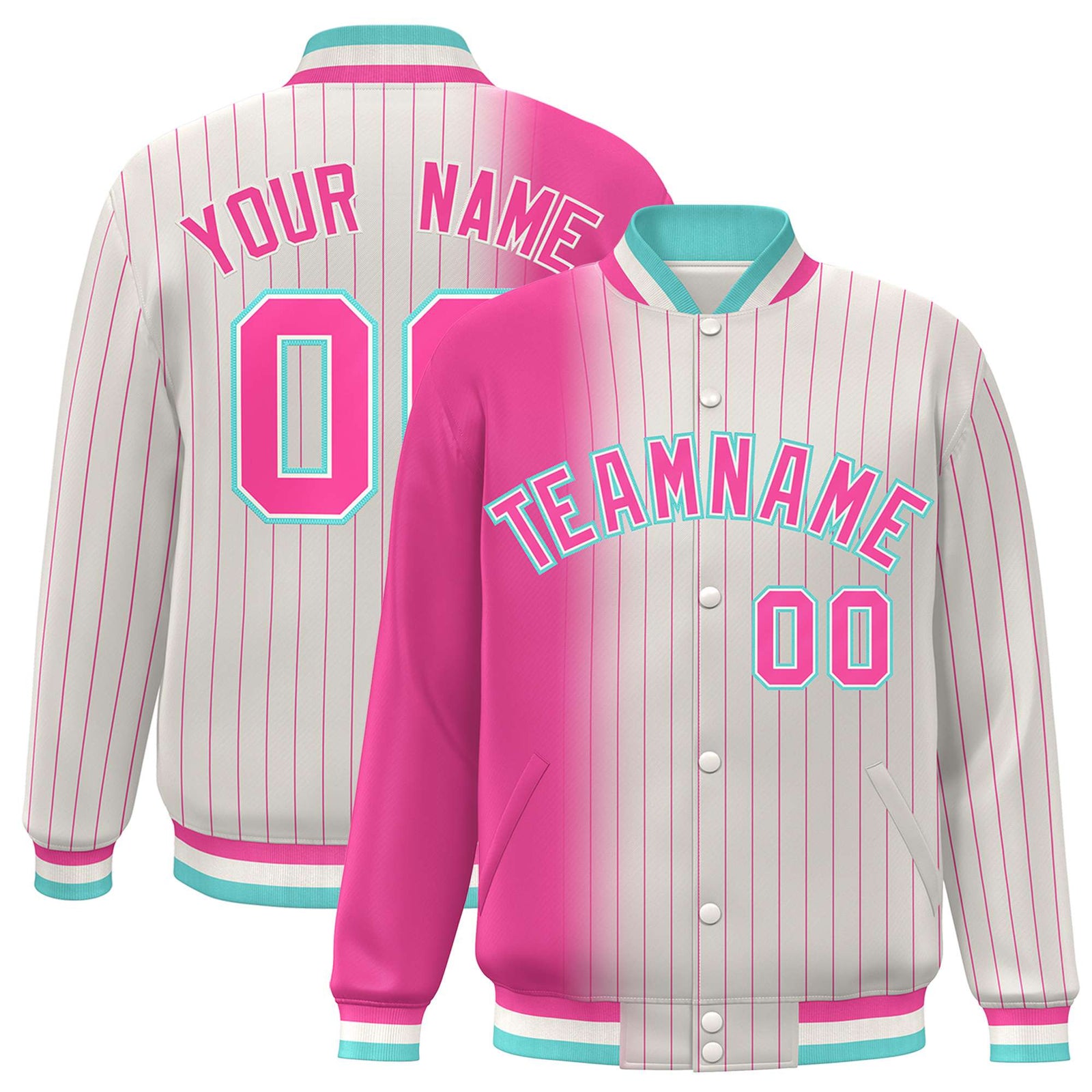 Custom Cream Pink Pinstripe Aqua-Pink Gradient Fashion Varsity Full-Snap Jacket