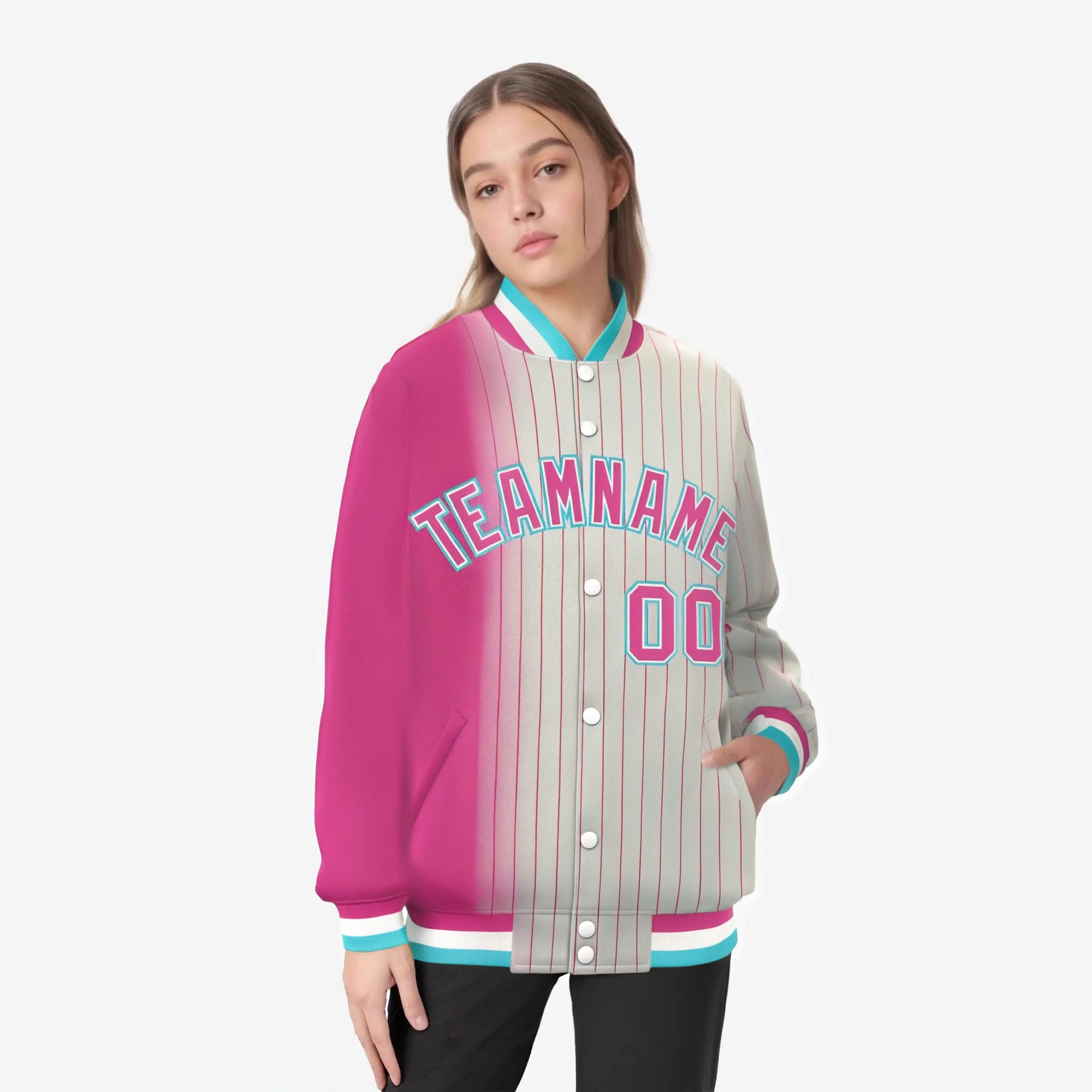 Custom Cream Pink Pinstripe Aqua-Pink Gradient Fashion Varsity Full-Snap Jacket