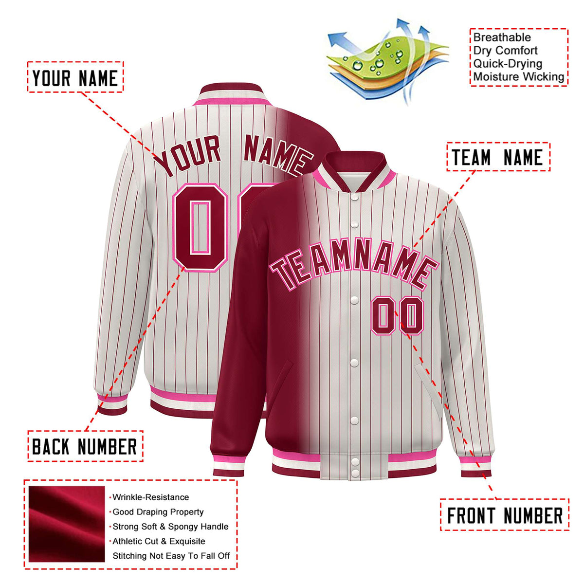 Custom Cream Crimson Pinstripe Pink-Crimson Gradient Fashion Varsity Full-Snap Jacket