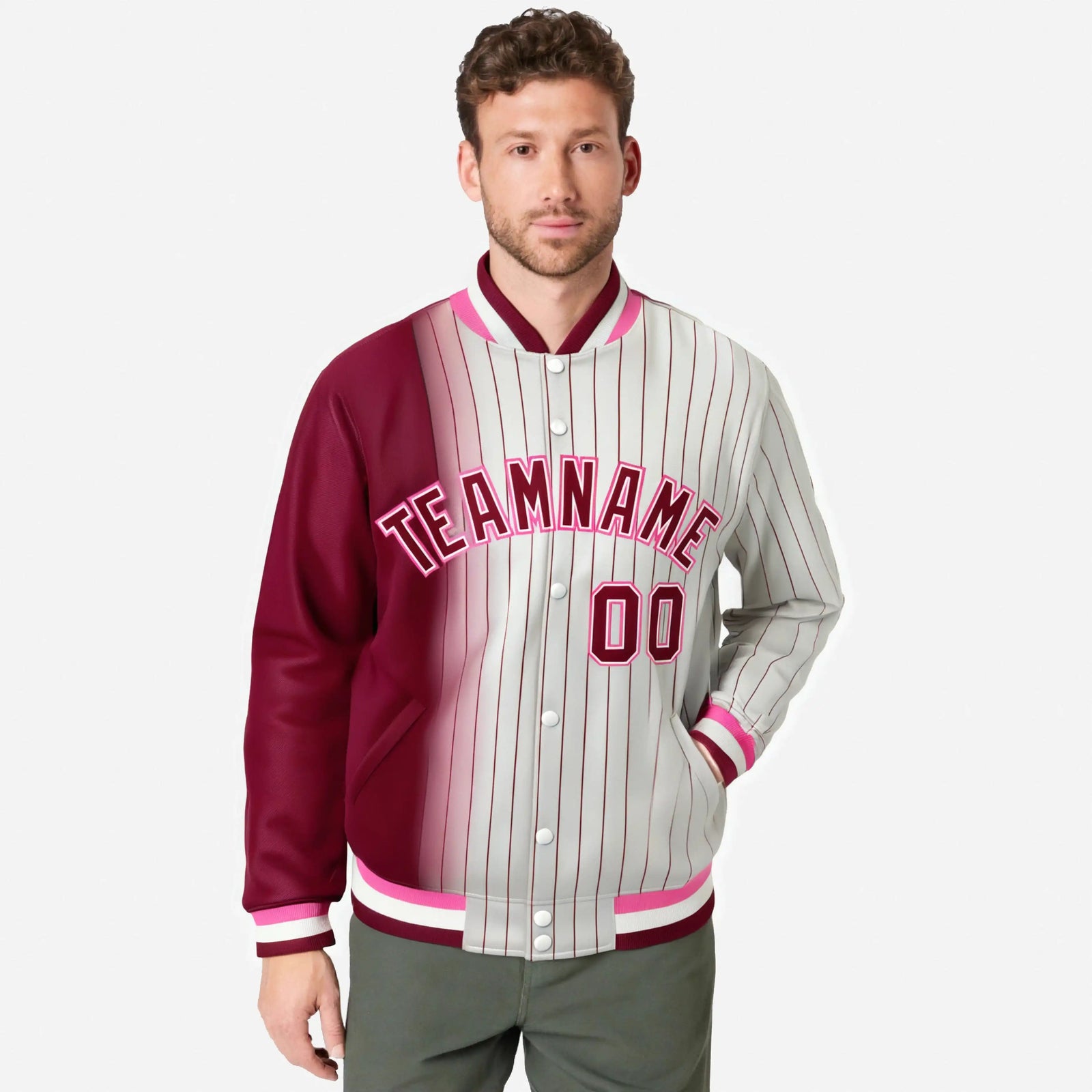 Custom Cream Crimson Pinstripe Pink-Crimson Gradient Fashion Varsity Full-Snap Jacket