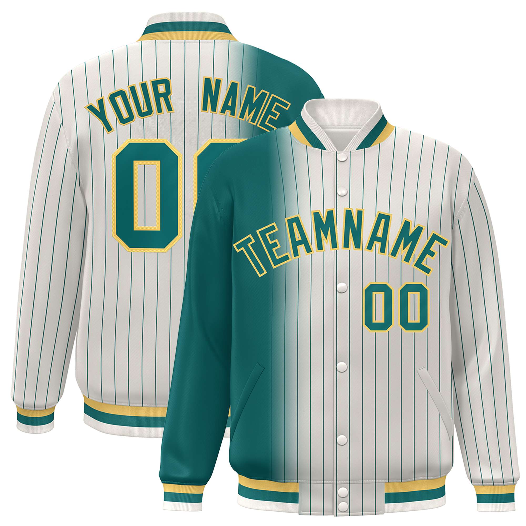 Custom Cream Aqua Pinstripe Gold-Aqua Gradient Fashion Varsity Full-Snap Jacket