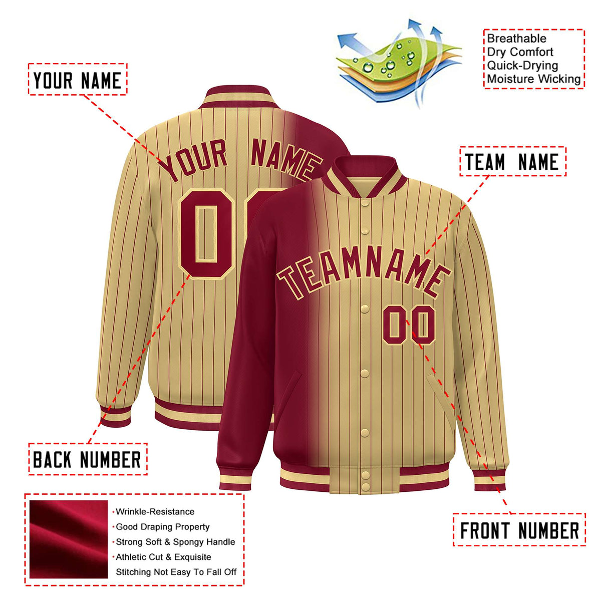 Custom Old Gold Crimson Pinstripe Old Gold-Crimson Gradient Fashion Varsity Full-Snap Jacket