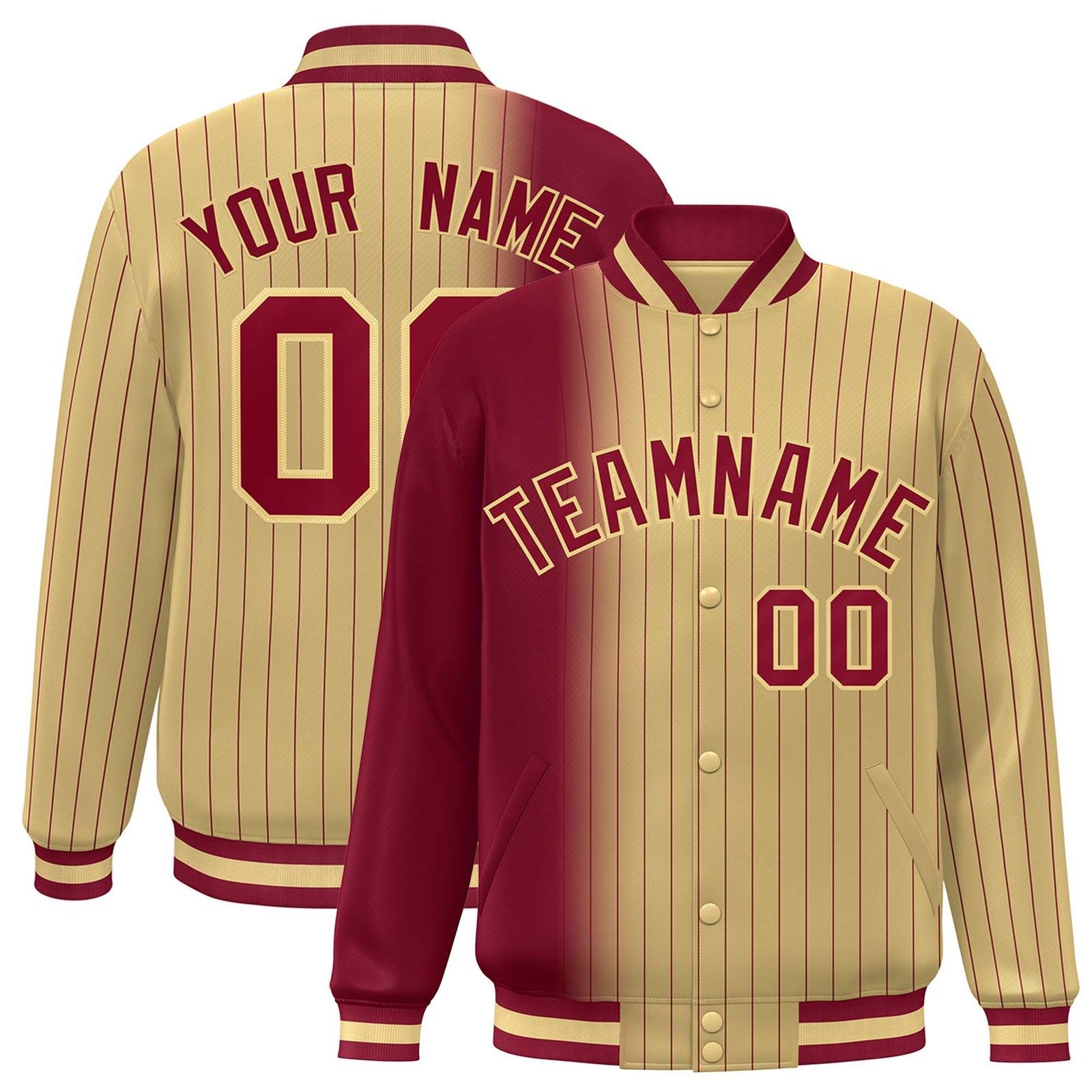 Custom Old Gold Crimson Pinstripe Old Gold-Crimson Gradient Fashion Varsity Full-Snap Jacket