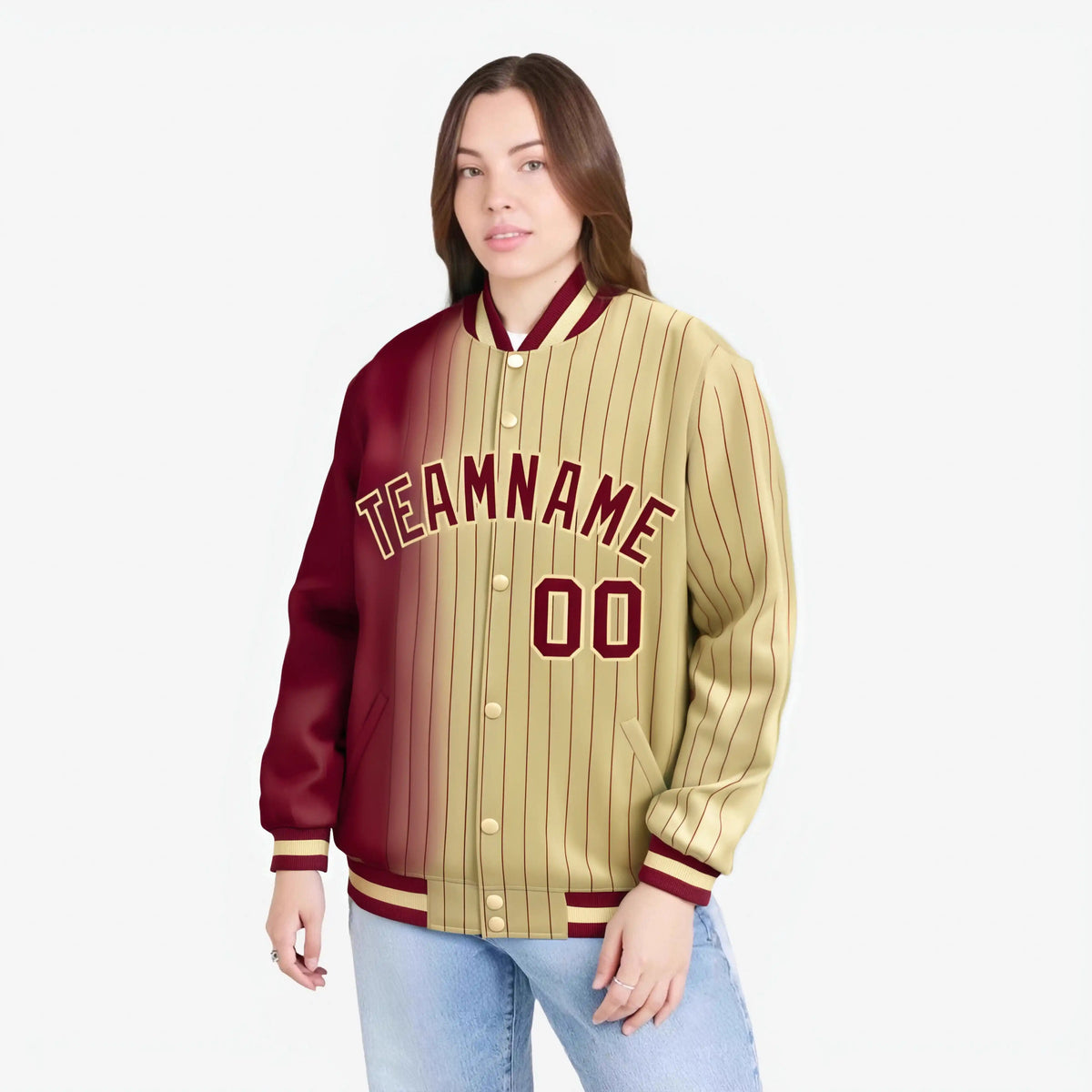 Custom Old Gold Crimson Pinstripe Old Gold-Crimson Gradient Fashion Varsity Full-Snap Jacket