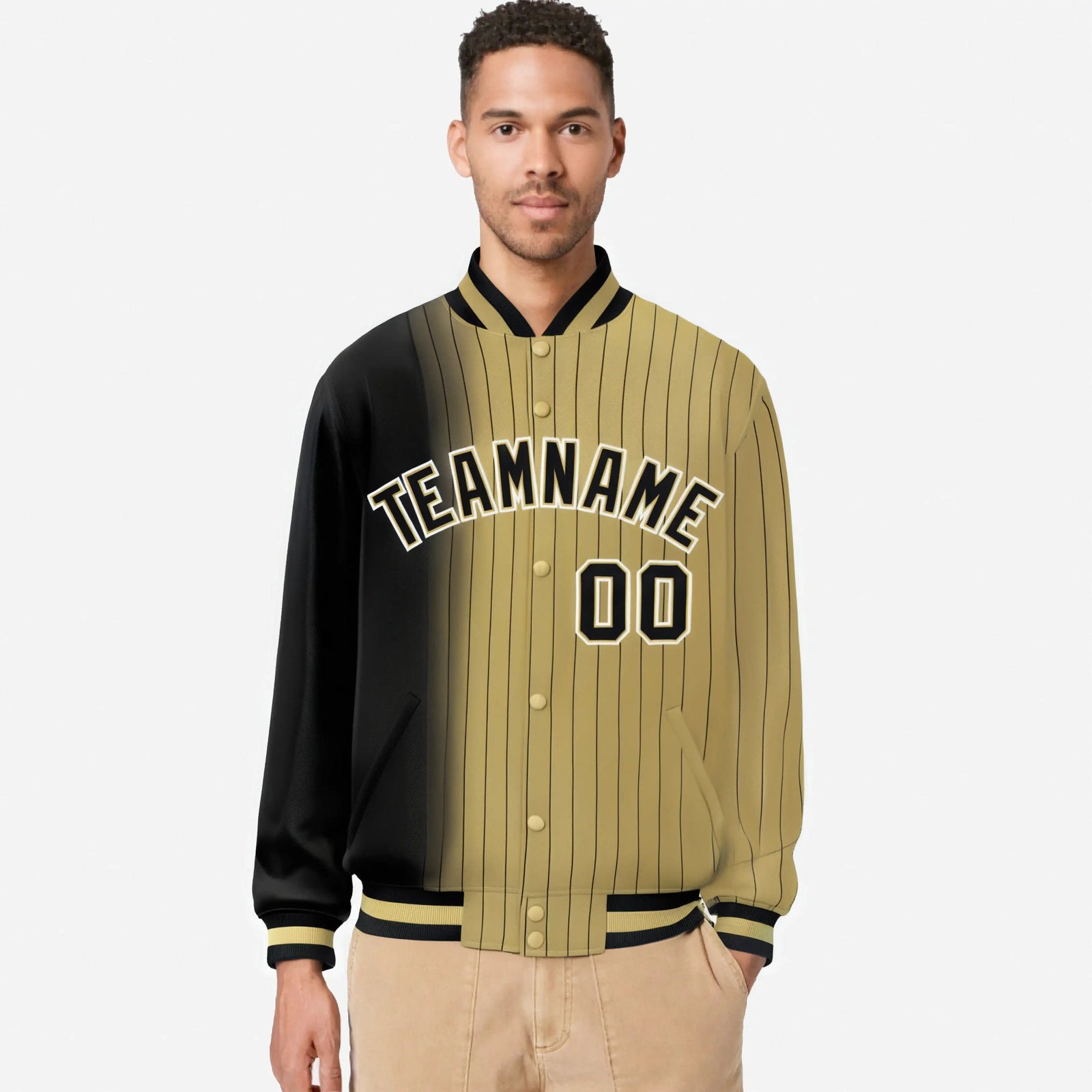 Custom Old Gold Black Pinstripe White-Black Gradient Fashion Varsity Full-Snap Jacket