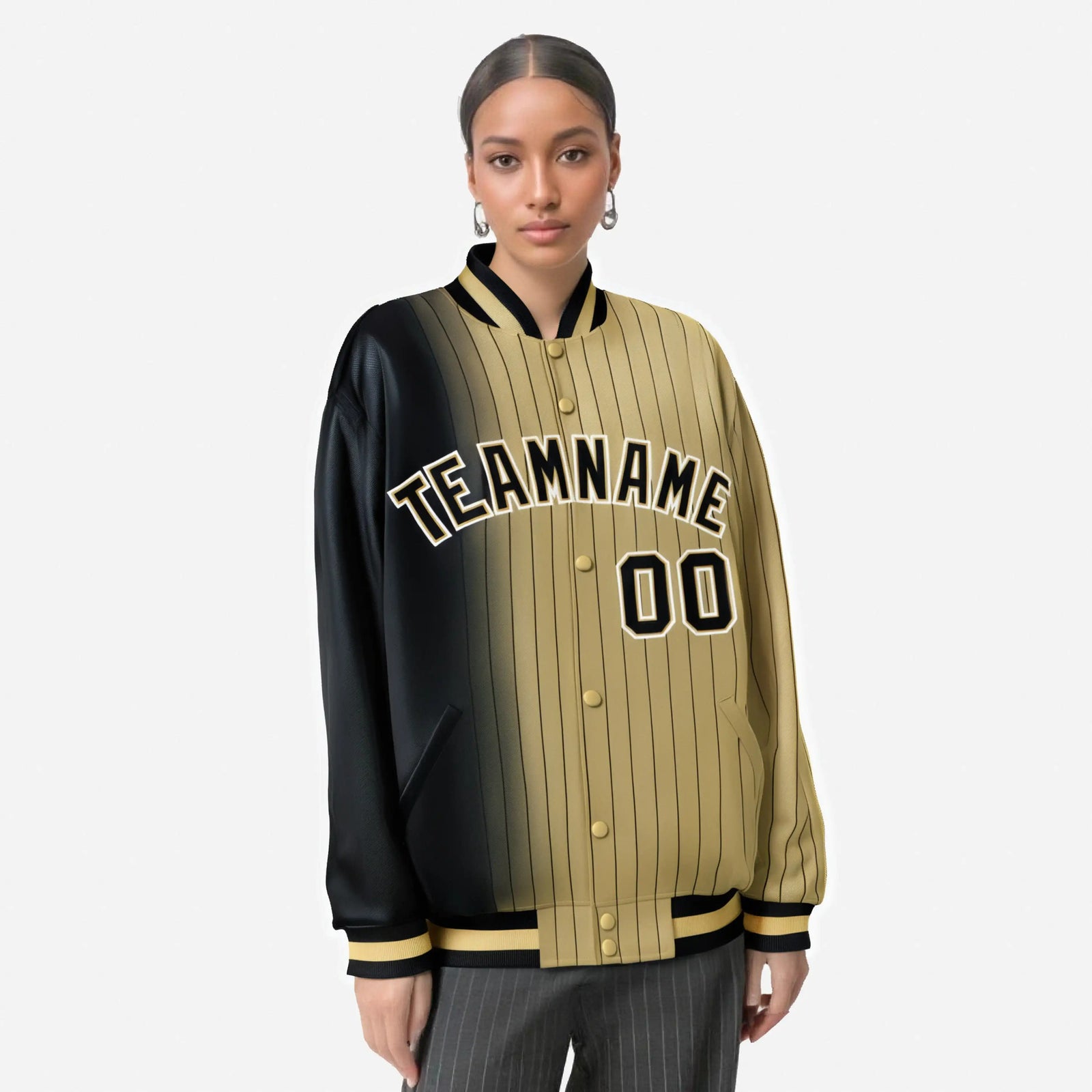 Custom Old Gold Black Pinstripe White-Black Gradient Fashion Varsity Full-Snap Jacket