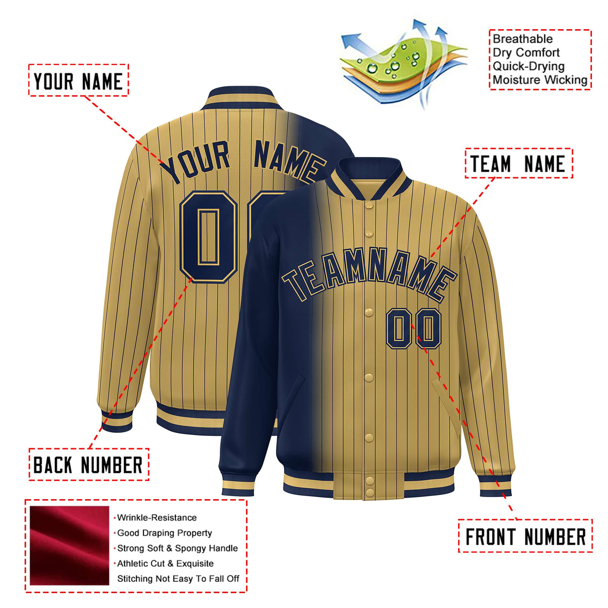 Custom Old Gold Navy Pinstripe Old Gold-Navy Gradient Fashion Varsity Full-Snap Jacket