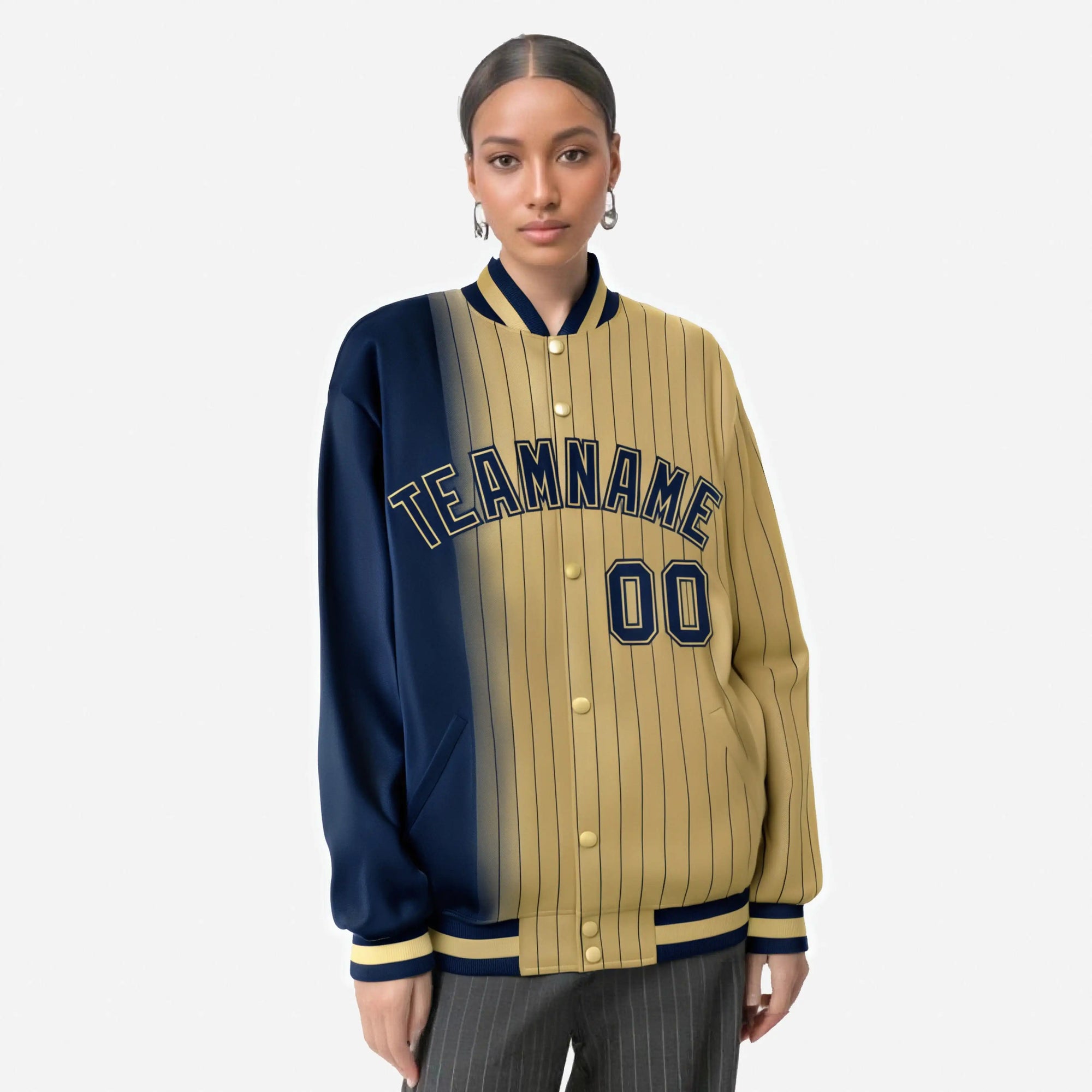 Custom Old Gold Navy Pinstripe Old Gold-Navy Gradient Fashion Varsity Full-Snap Jacket