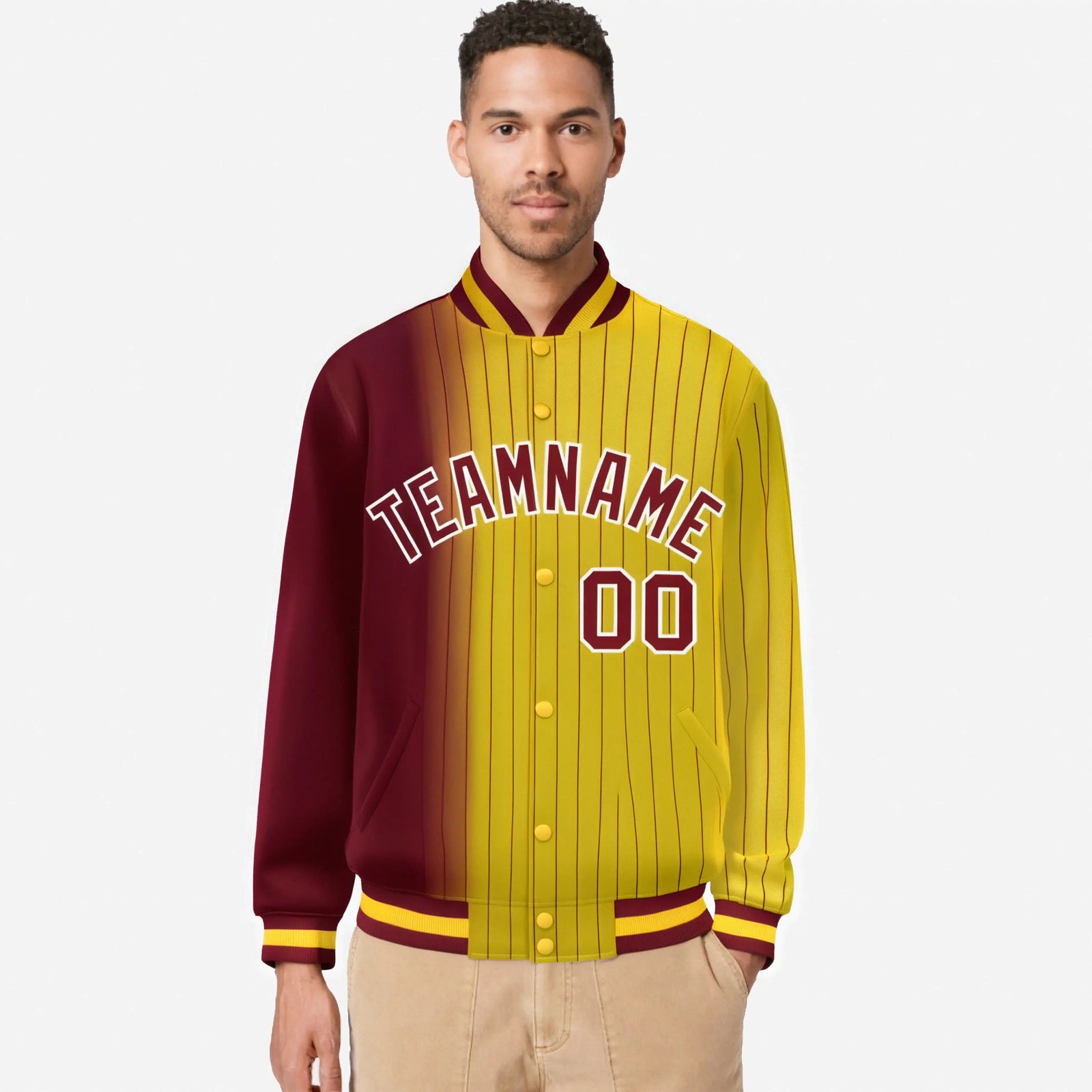Custom Gold Crimson Pinstripe White-Crimson Gradient Fashion Varsity Full-Snap Jacket