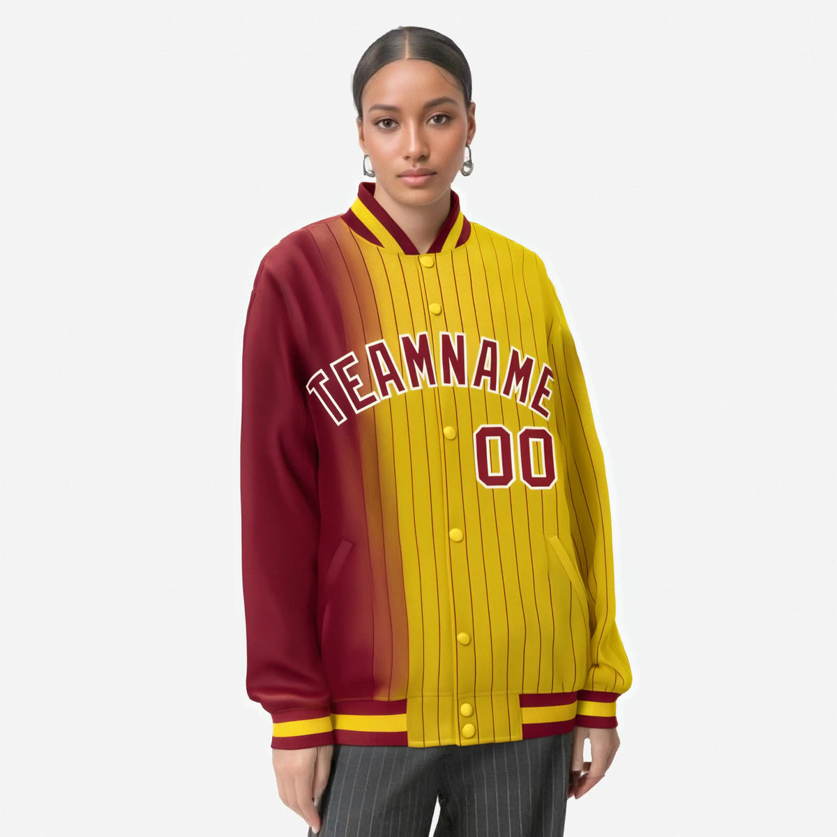 Custom Gold Crimson Pinstripe White-Crimson Gradient Fashion Varsity Full-Snap Jacket